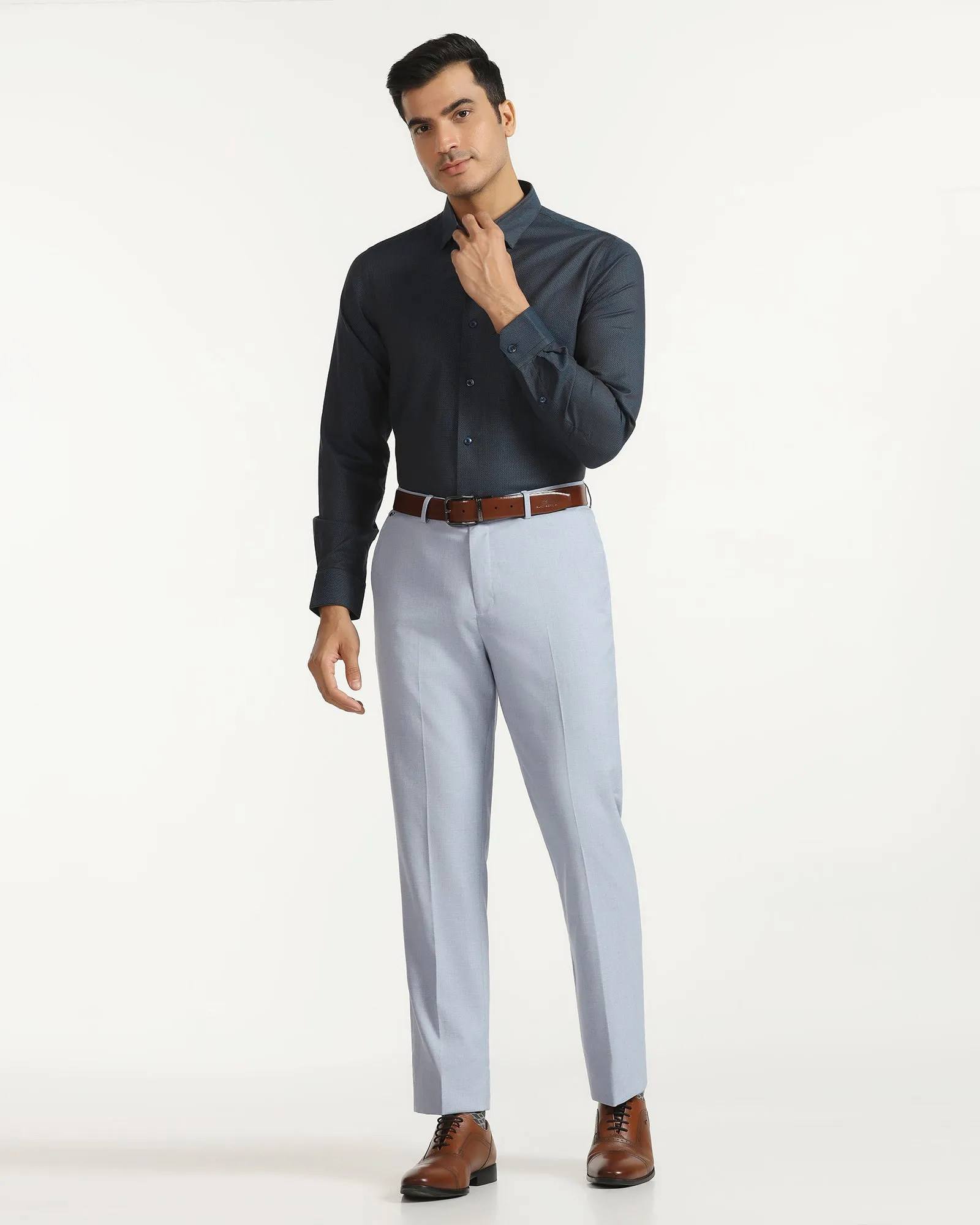 Gripper Waistband Straight B-90 Formal Light Blue Textured Trouser - musk