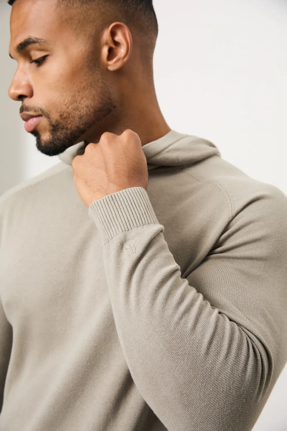 Pure Cotton Knitted Hoodie in Soft Khaki NonRestrictive Cut Cool Edge