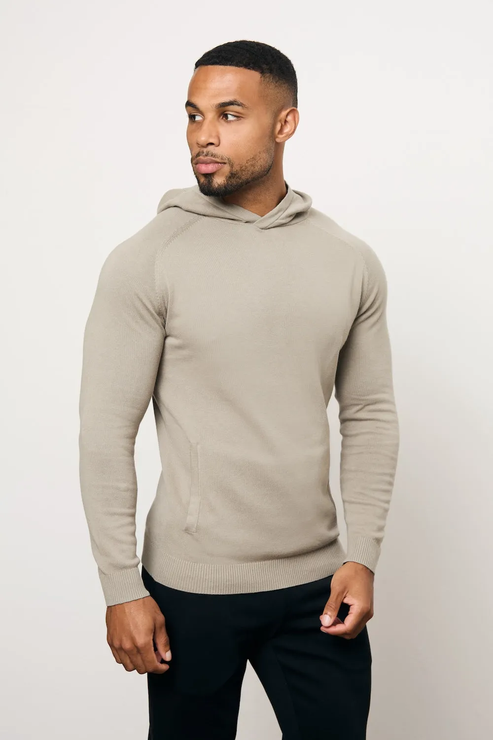 Smile Ease Pure Cotton Knitted Hoodie in Soft Khaki
