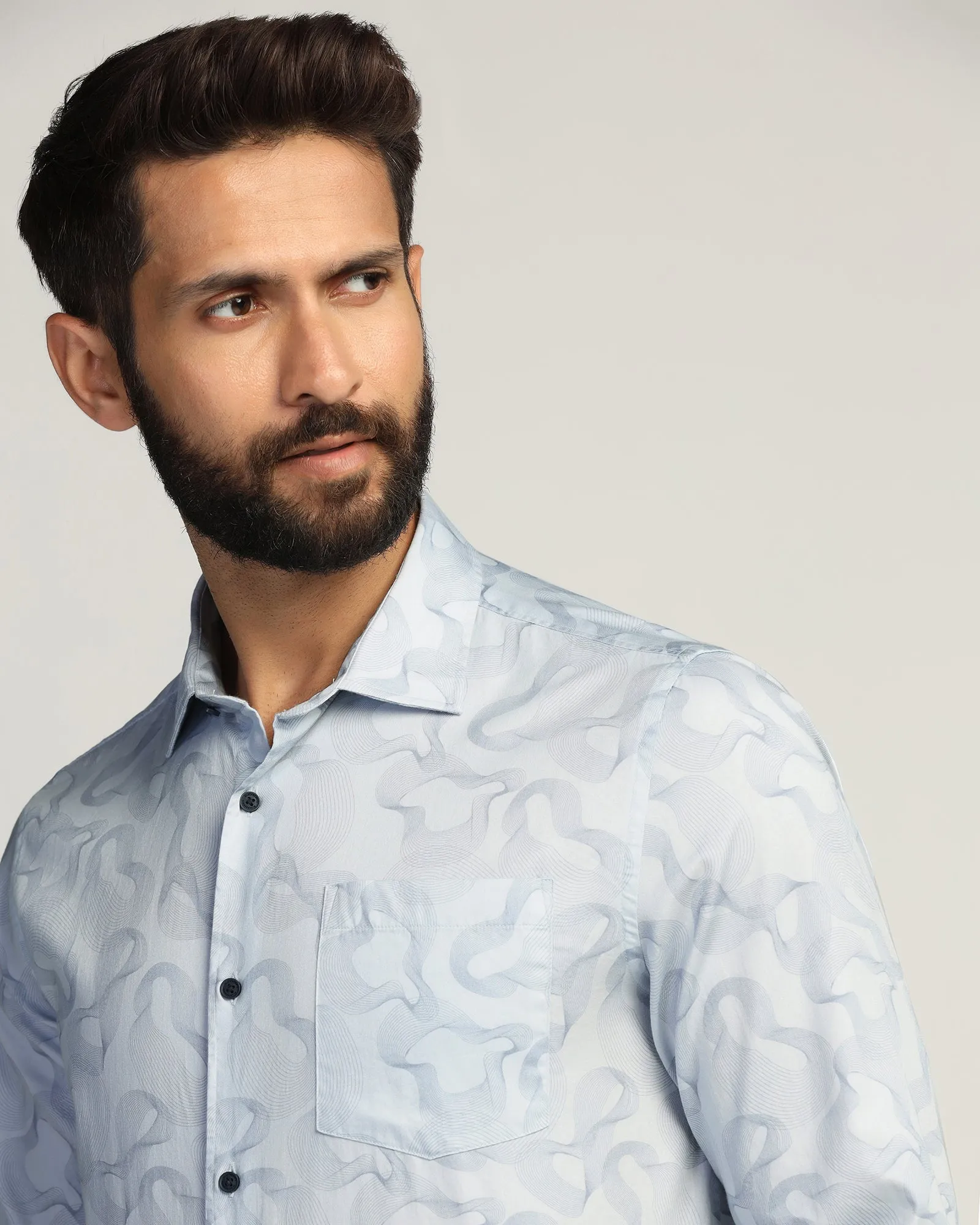 Casual Blue Printed Shirt - Heath Casual Comfort Wrinkle-Resistant