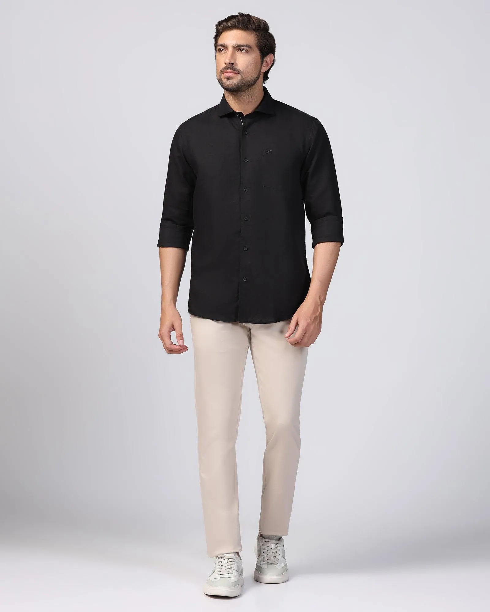 Contemporary Design Linen Casual Black Solid Shirt - Salmon