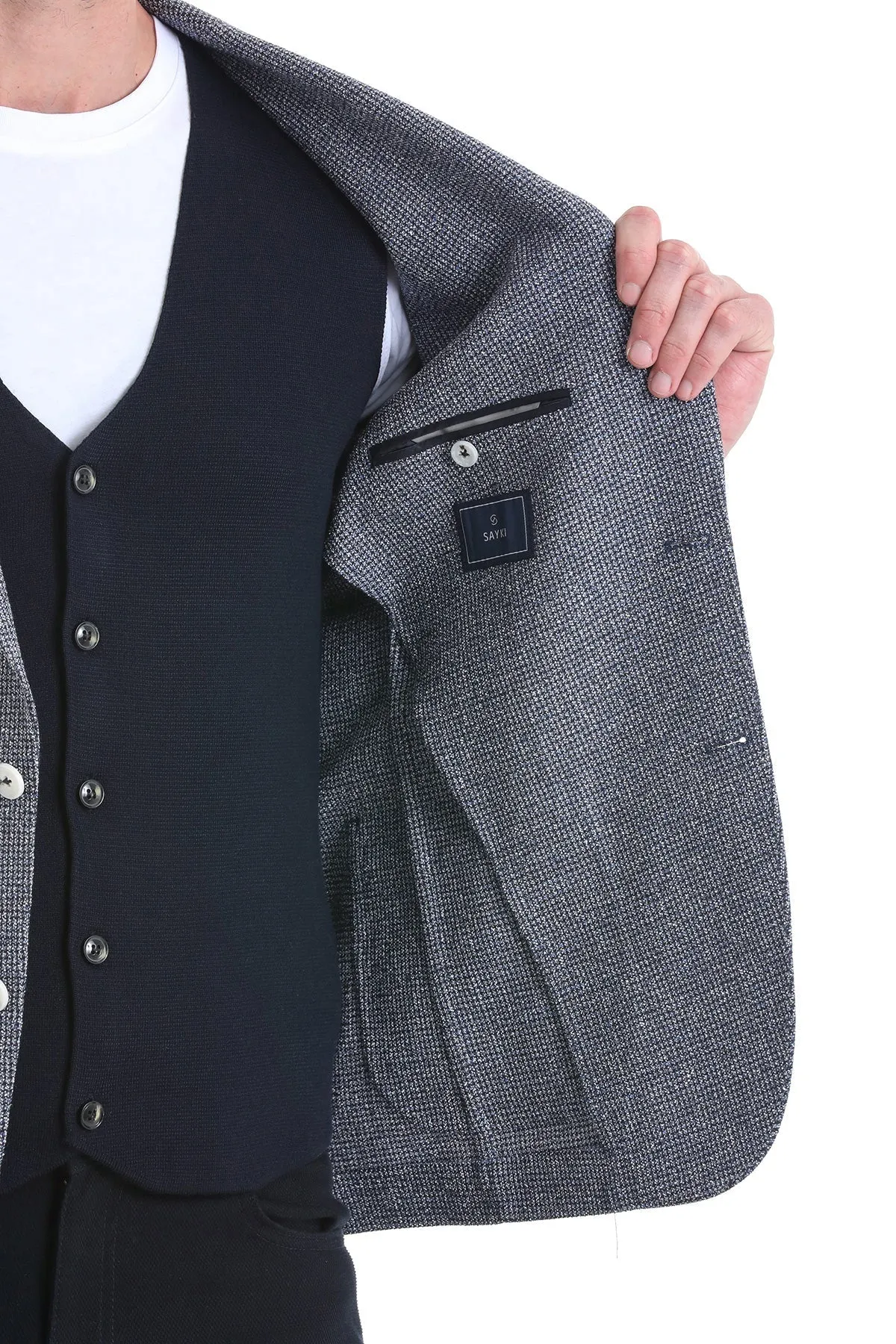 Slim Fit Notch Lapel 100% Wool Navy Classic Blazer AdjustableDrawstring