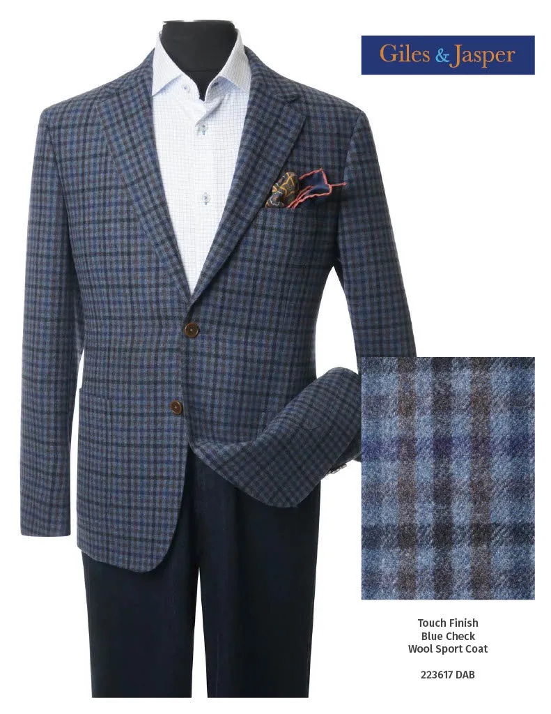 Giles & Jasper Touch Finish Wool Sportcoat in Blue Check All Year Use Classic Fit