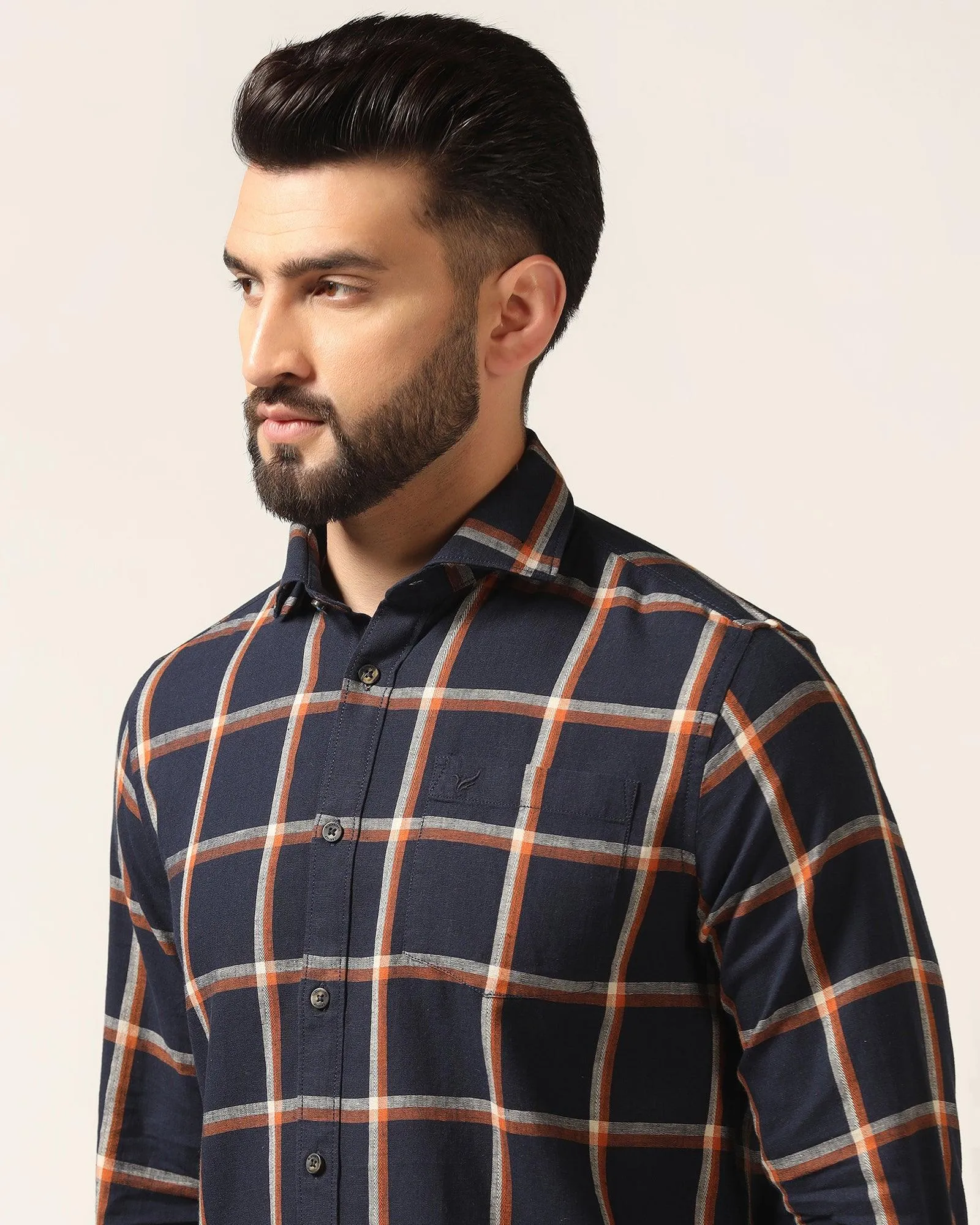 Wedding guest Linen Casual Navy Check Shirt - Albert