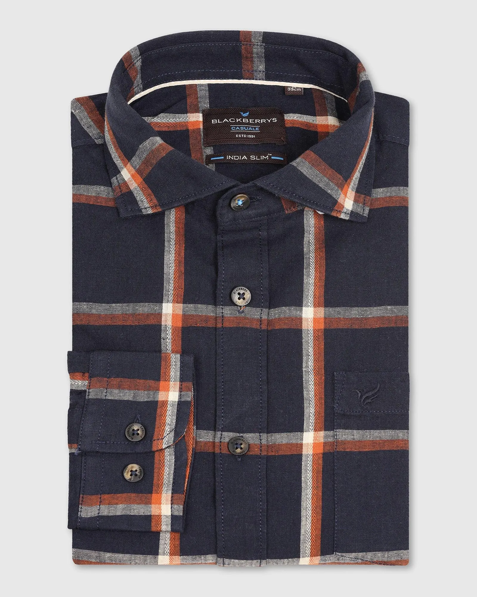Linen Casual Navy Check Shirt - Albert Cocktail Party Button-up