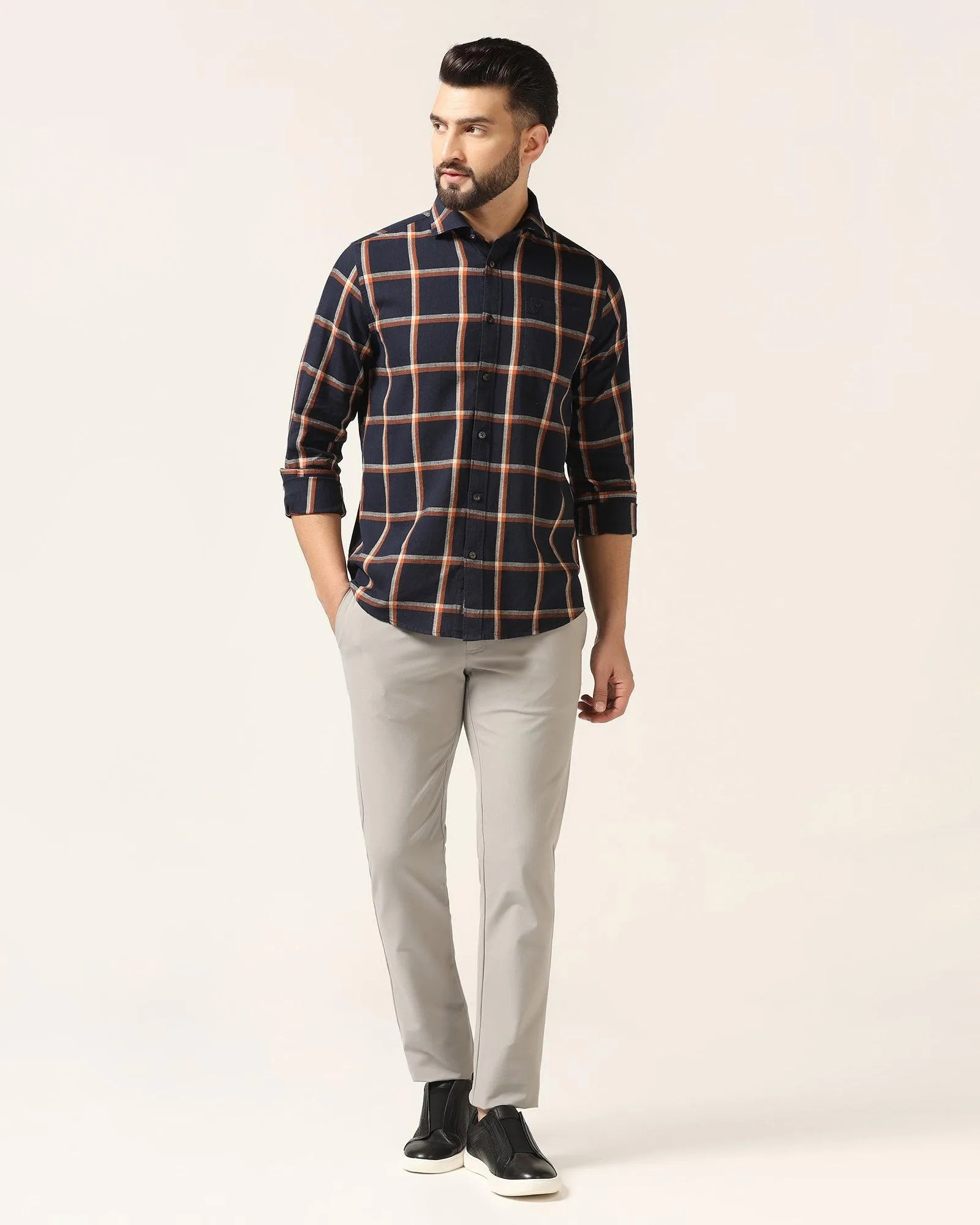 Linen Casual Navy Check Shirt - Albert Stretchable Fabric Breathable Layer