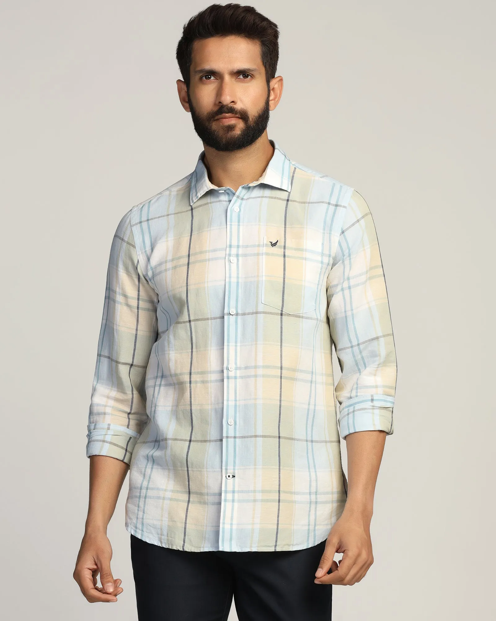 Linen Casual Yellow Check Shirt - Walken Soft Collar Design Cocktail Party