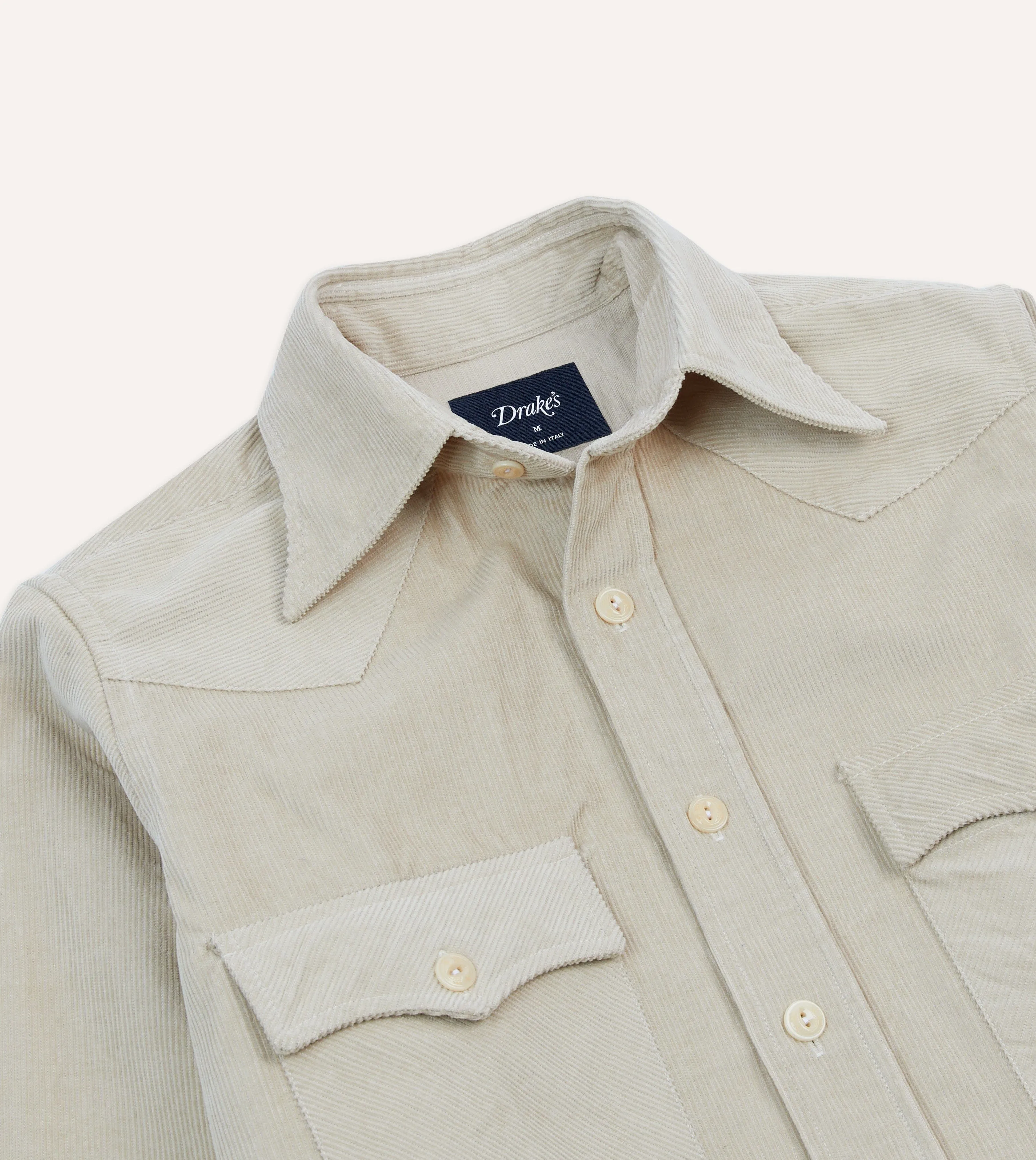 Asymmetrical Cut Lightweight Weave Ecru Corduroy Two-Pocket Western Shirt