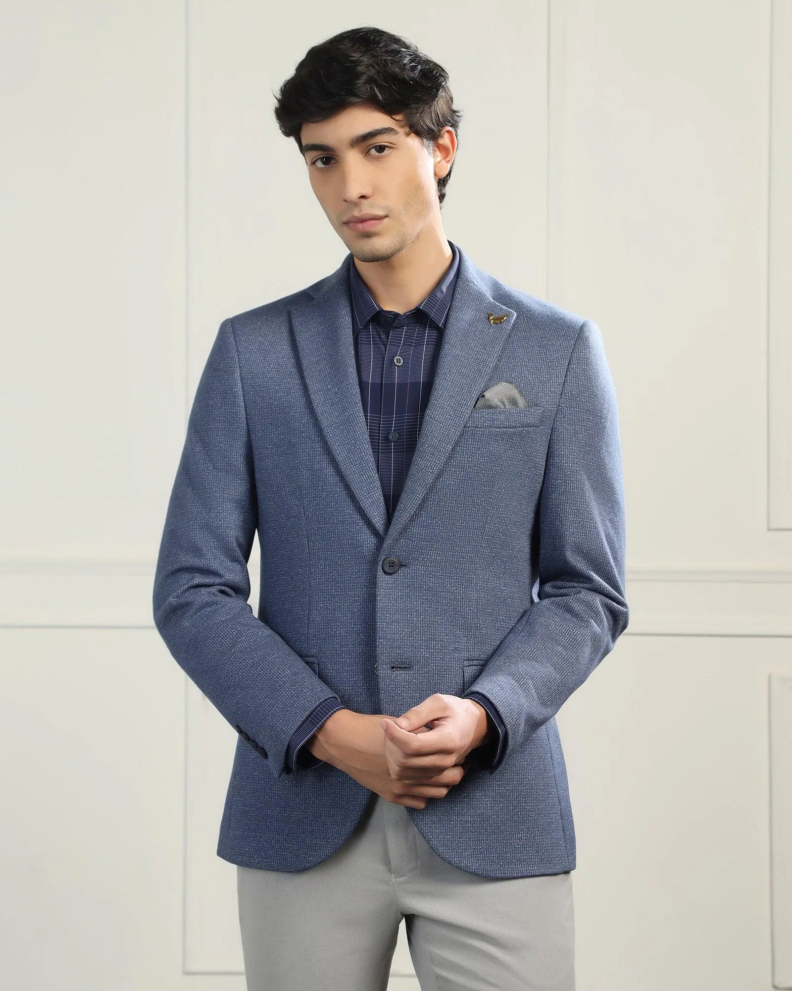 Luxe Formal Blue Textured Blazer - Baleno MeshLinedVents