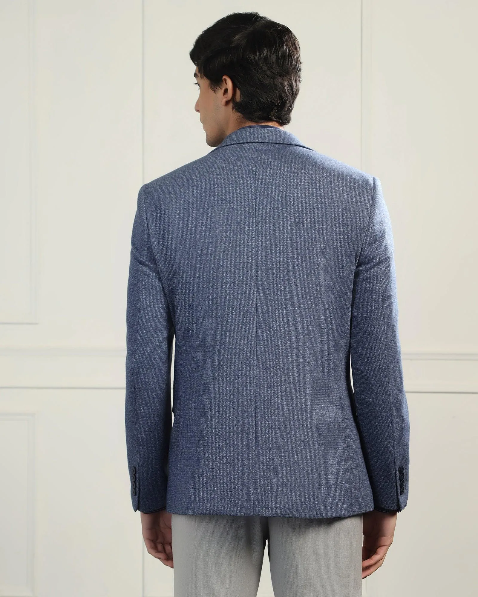 Breathable Outer Shell Luxe Formal Blue Textured Blazer - Baleno