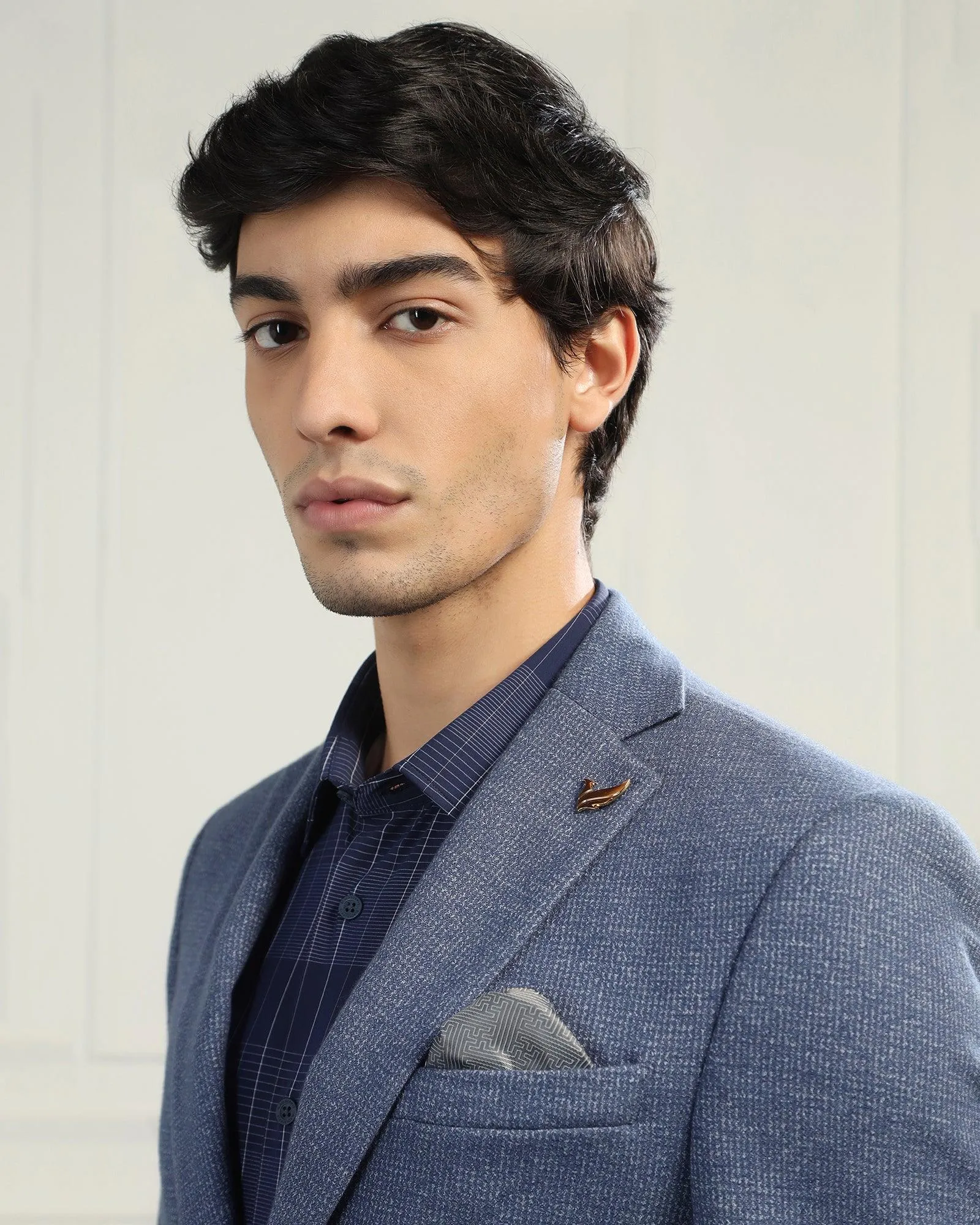 Abrasion resistant Glow In The Dark Trim Luxe Formal Blue Textured Blazer - Baleno