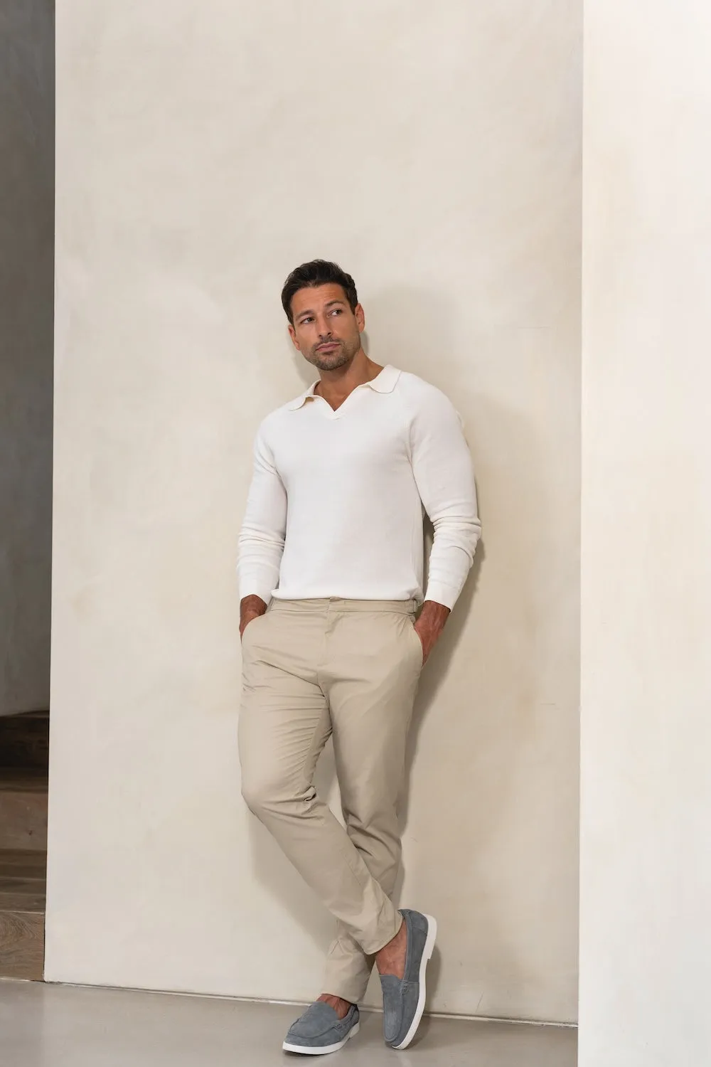 Pure Cotton Knitted Open Collar Polo Shirt in Winter White Herringbone Texture Slim Tailored
