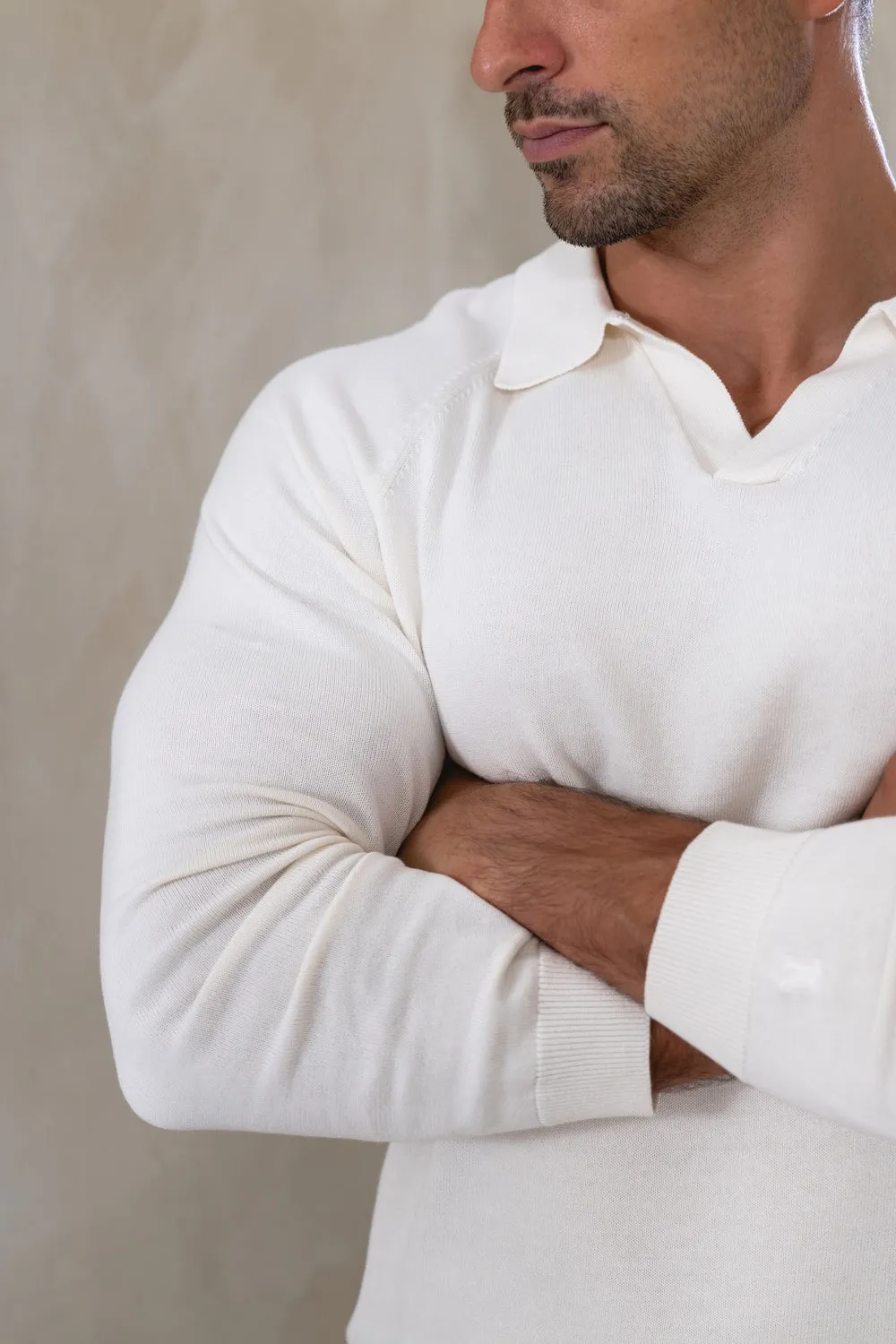 Thermoregulating Lining Pure Cotton Knitted Open Collar Polo Shirt in Winter White