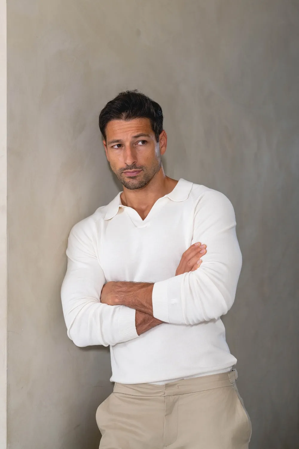 Flexible Wear Barrel Cuff Design Pure Cotton Knitted Open Collar Polo Shirt in Winter White