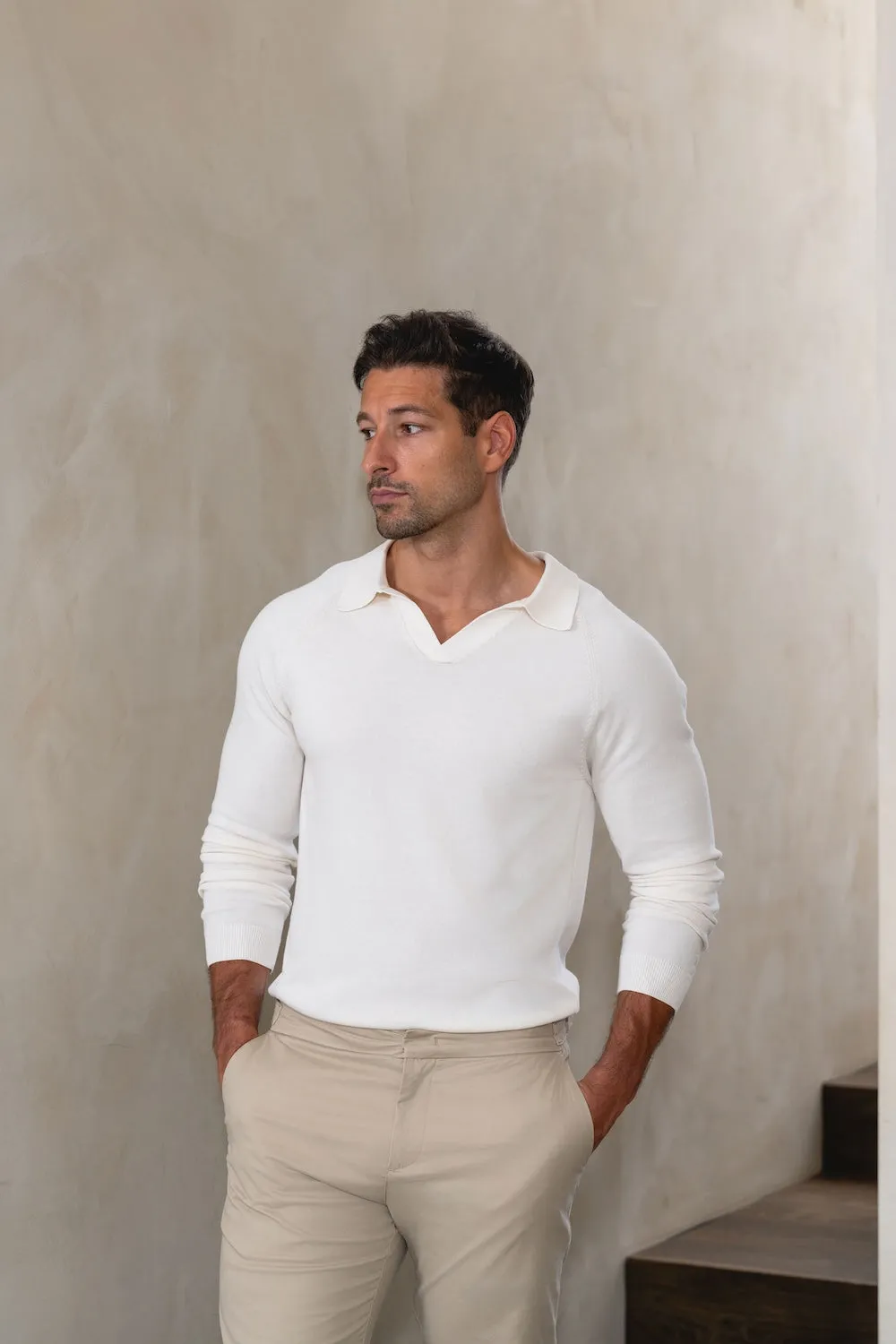 Sleek Layering Light Fabric Pure Cotton Knitted Open Collar Polo Shirt in Winter White