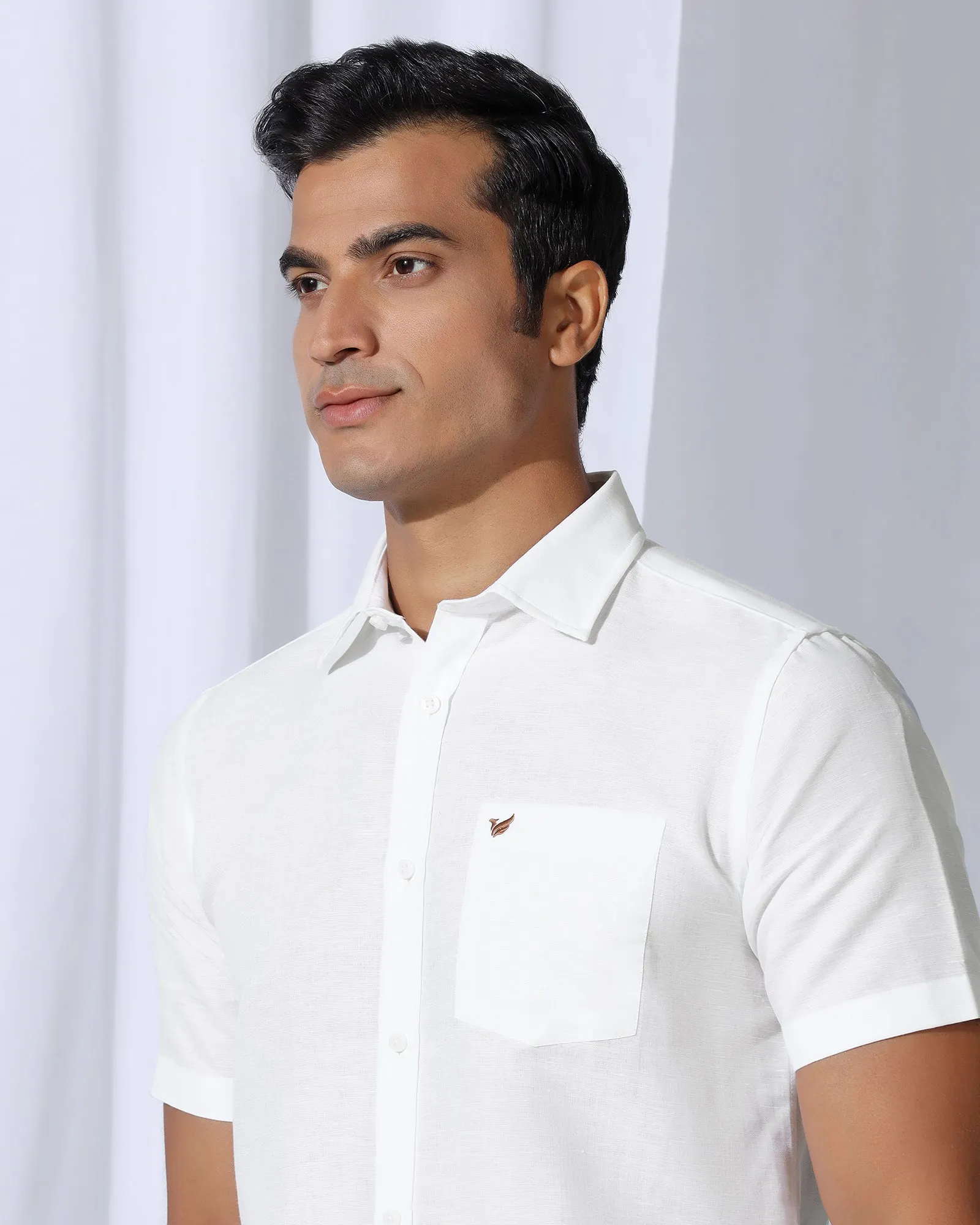 Linen Casual Half Sleeve White Solid Shirt - Salmon Standalone Option