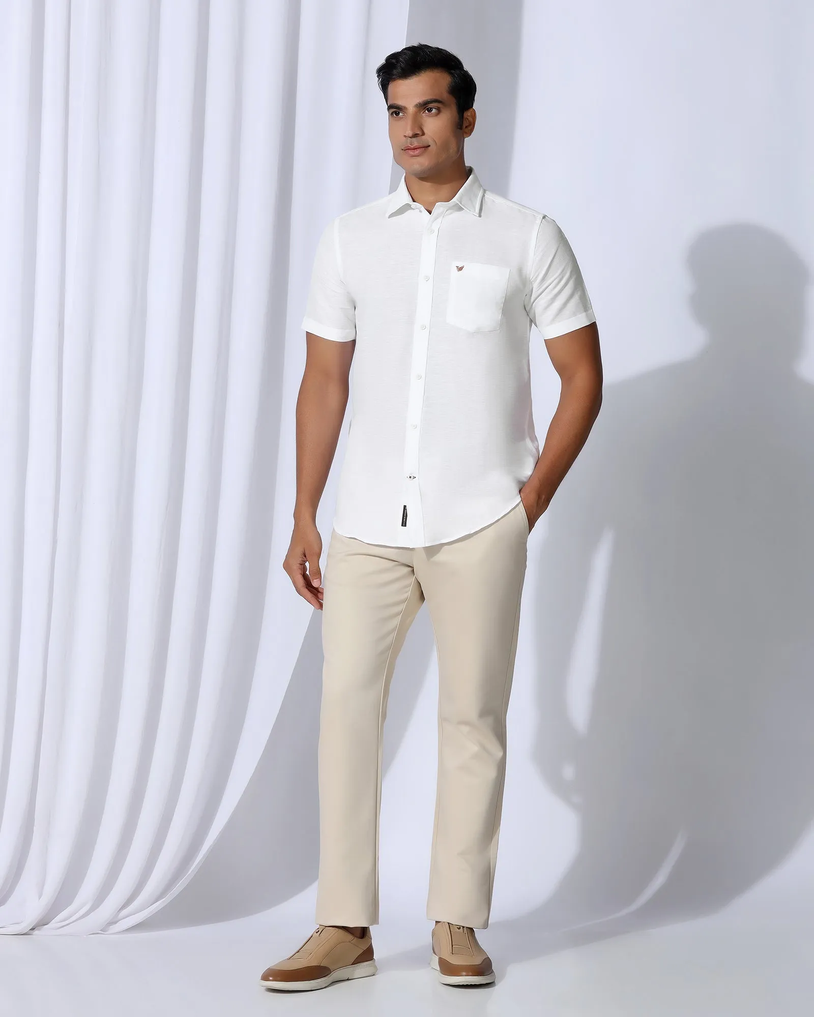 color block Linen Casual Half Sleeve White Solid Shirt - Salmon