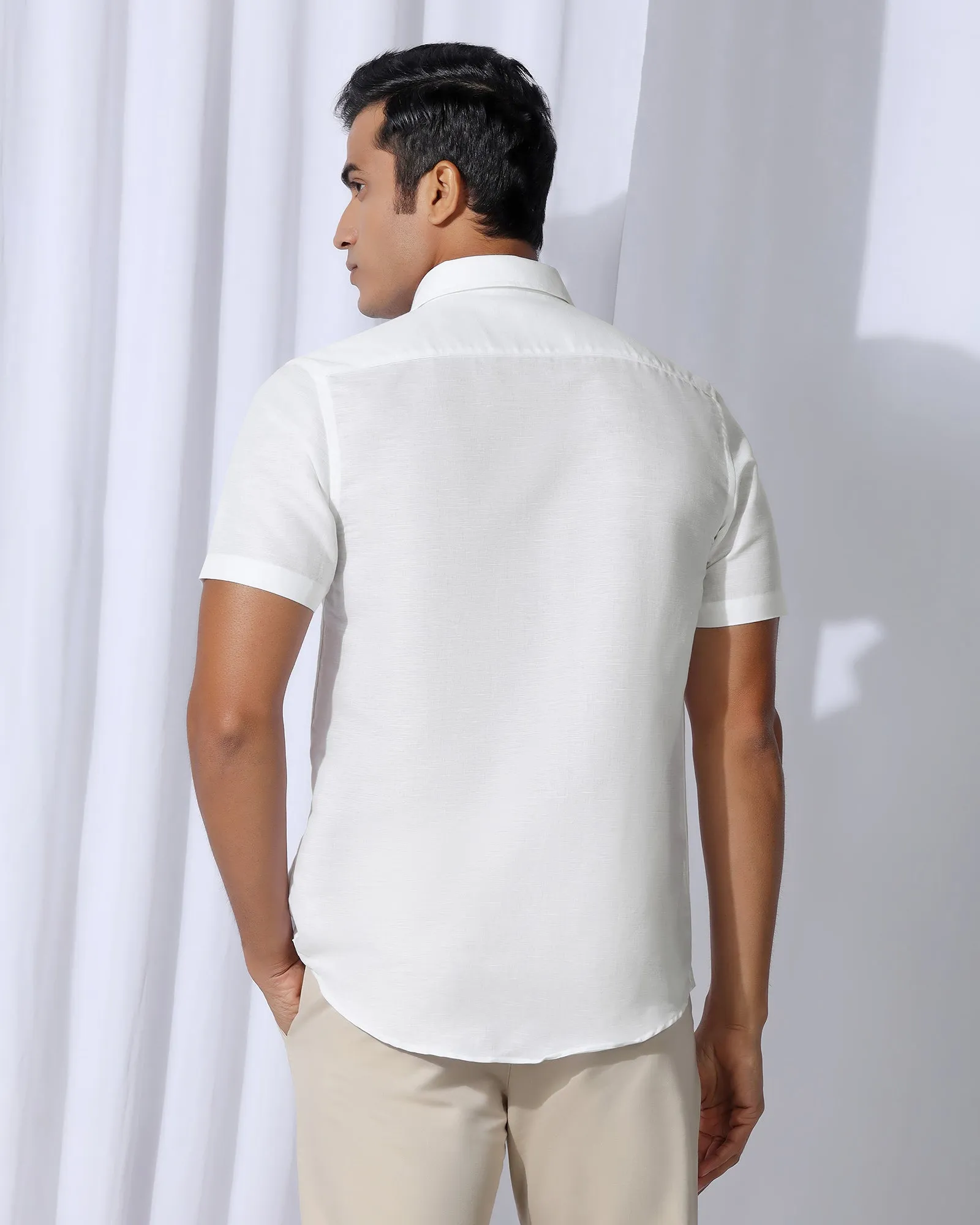 Dressy look Linen Casual Half Sleeve White Solid Shirt - Salmon