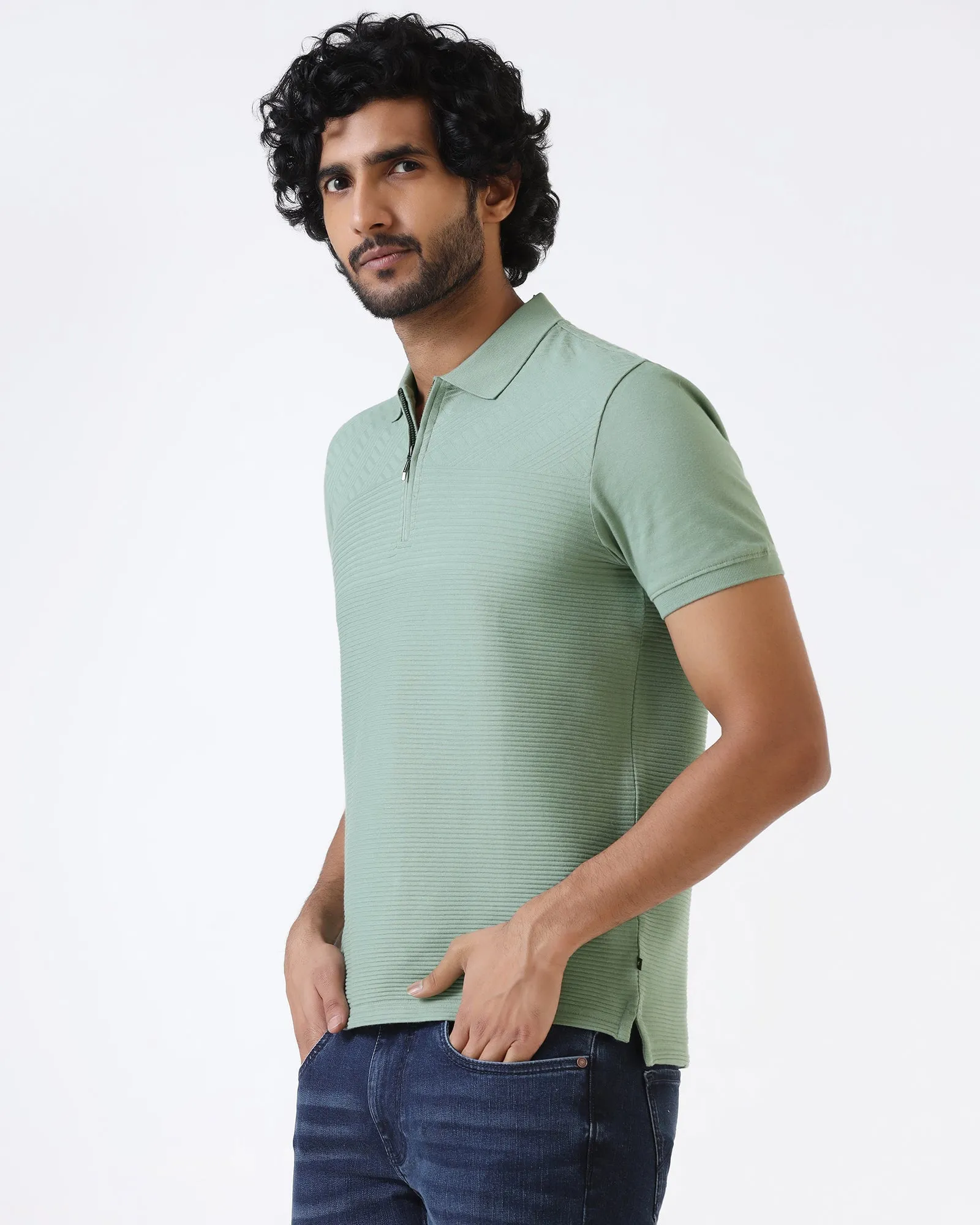 Sage Green Textured Polo - Bourbon Comfortable Look Outdoor Wear
