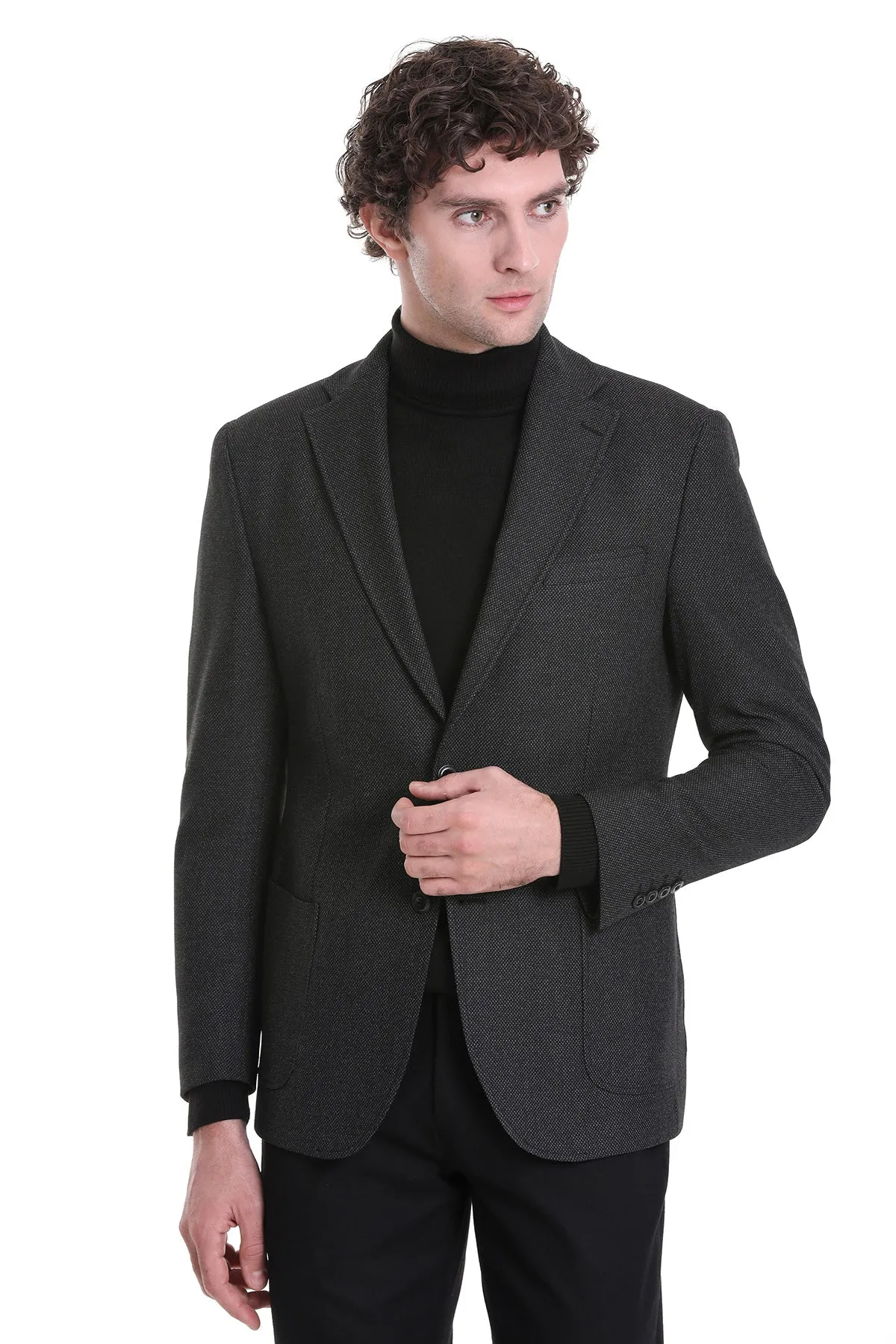 Hooded Comfort Fit All Season Adaptability Comfort Fit Notch Lapel Textured Black Classic Blazer