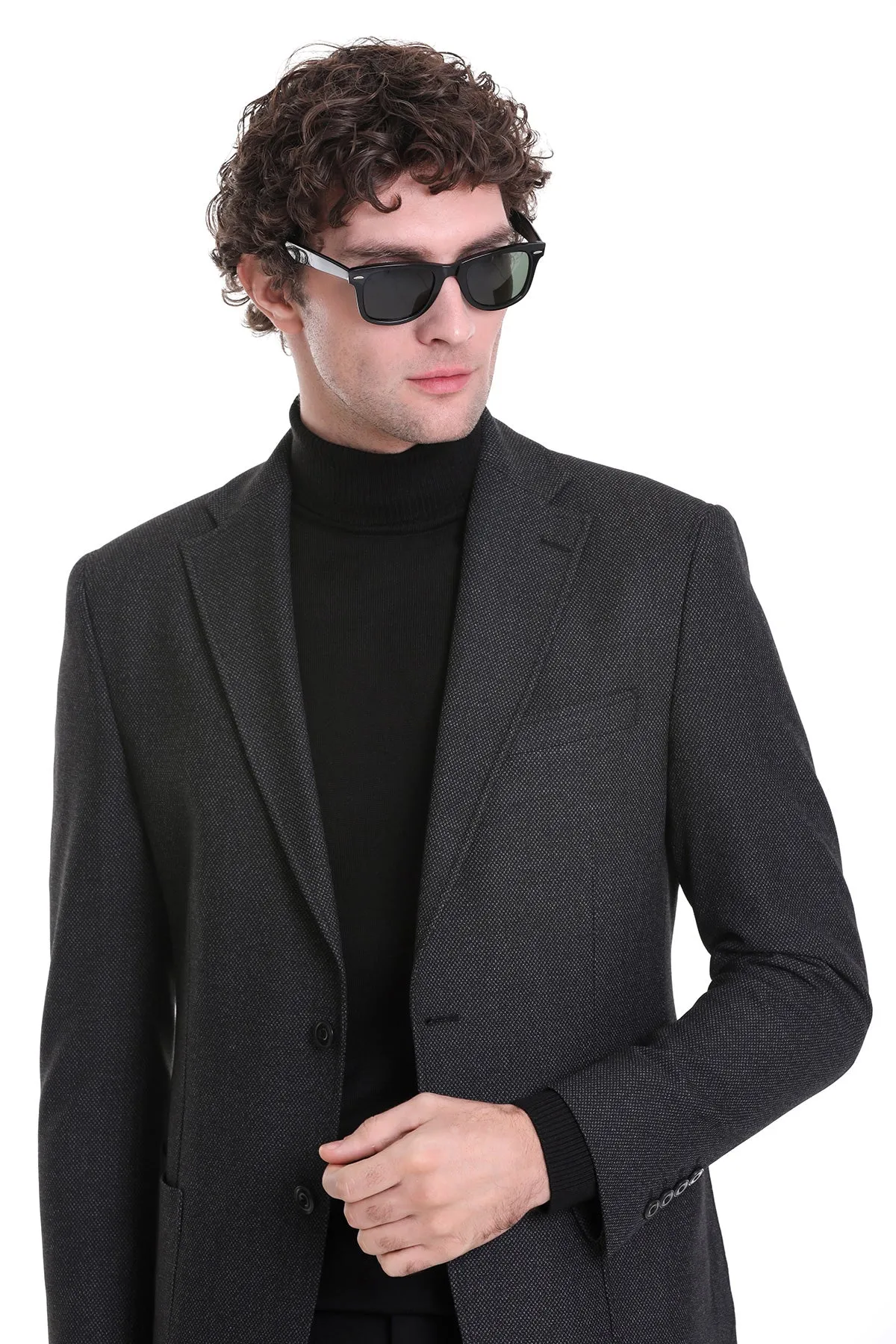 Reinforced Zippers Comfort Fit Notch Lapel Textured Black Classic Blazer
