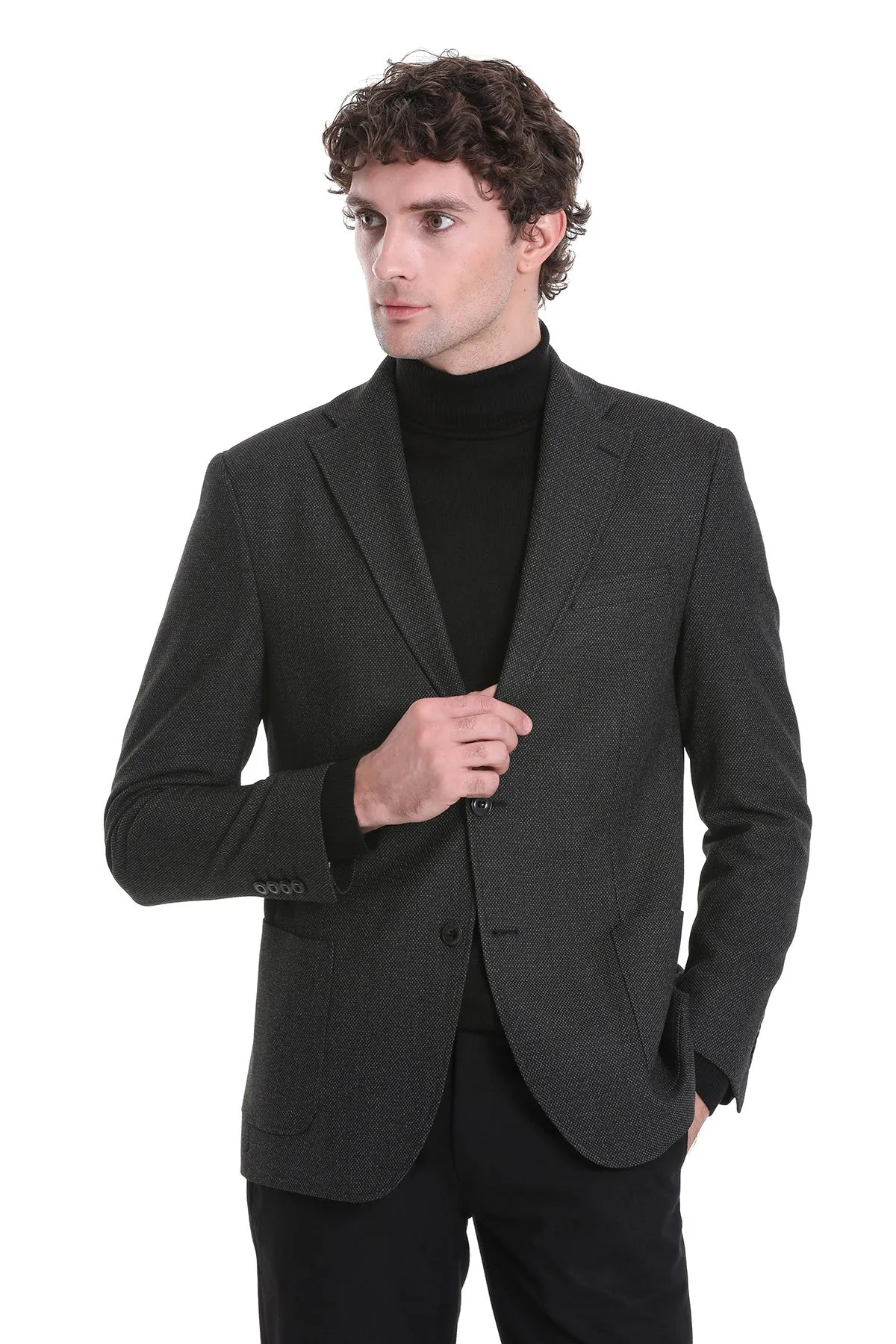 Thermal Lining Tech Comfort Fit Notch Lapel Textured Black Classic Blazer