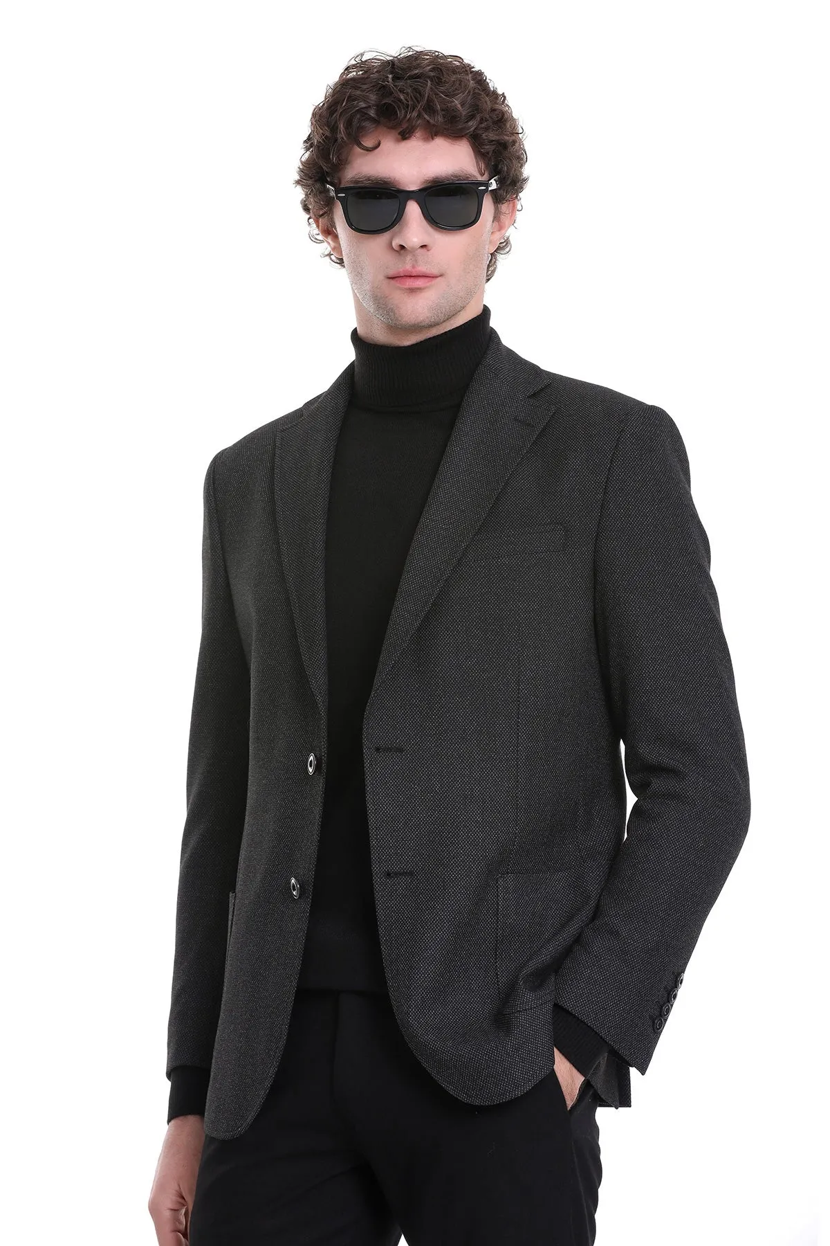 Comfort Fit Notch Lapel Textured Black Classic Blazer High Collar Design Clean Outer