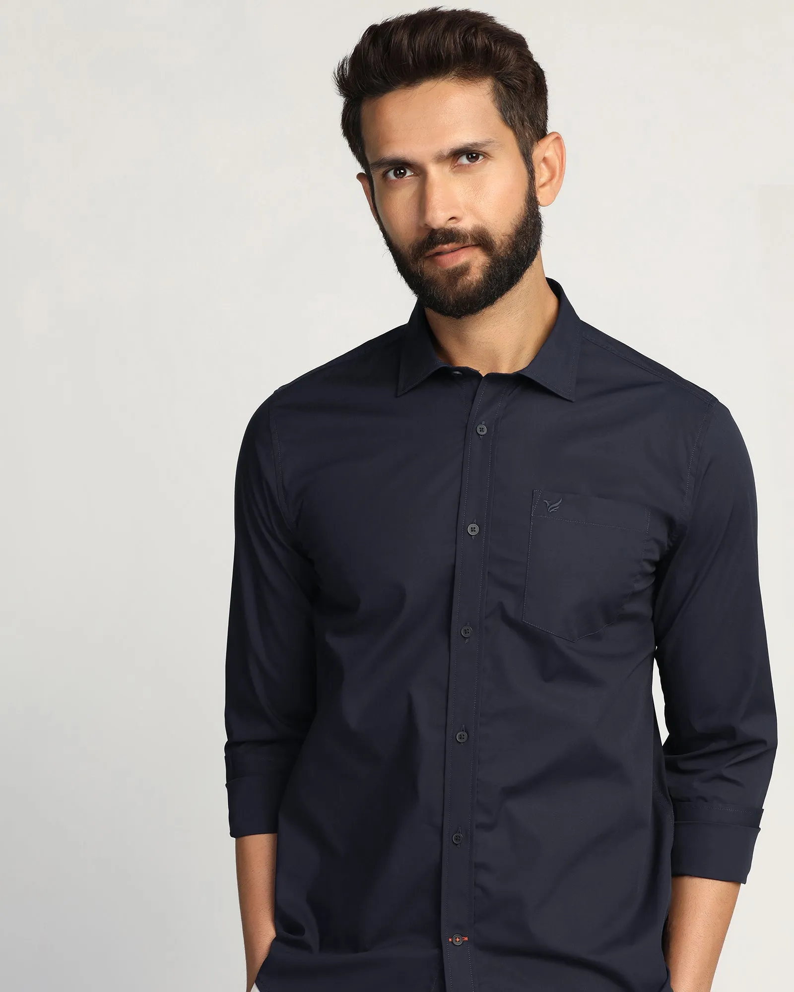 Casual Navy Solid Shirt - Lujo Seasonal Trend Floral Motif