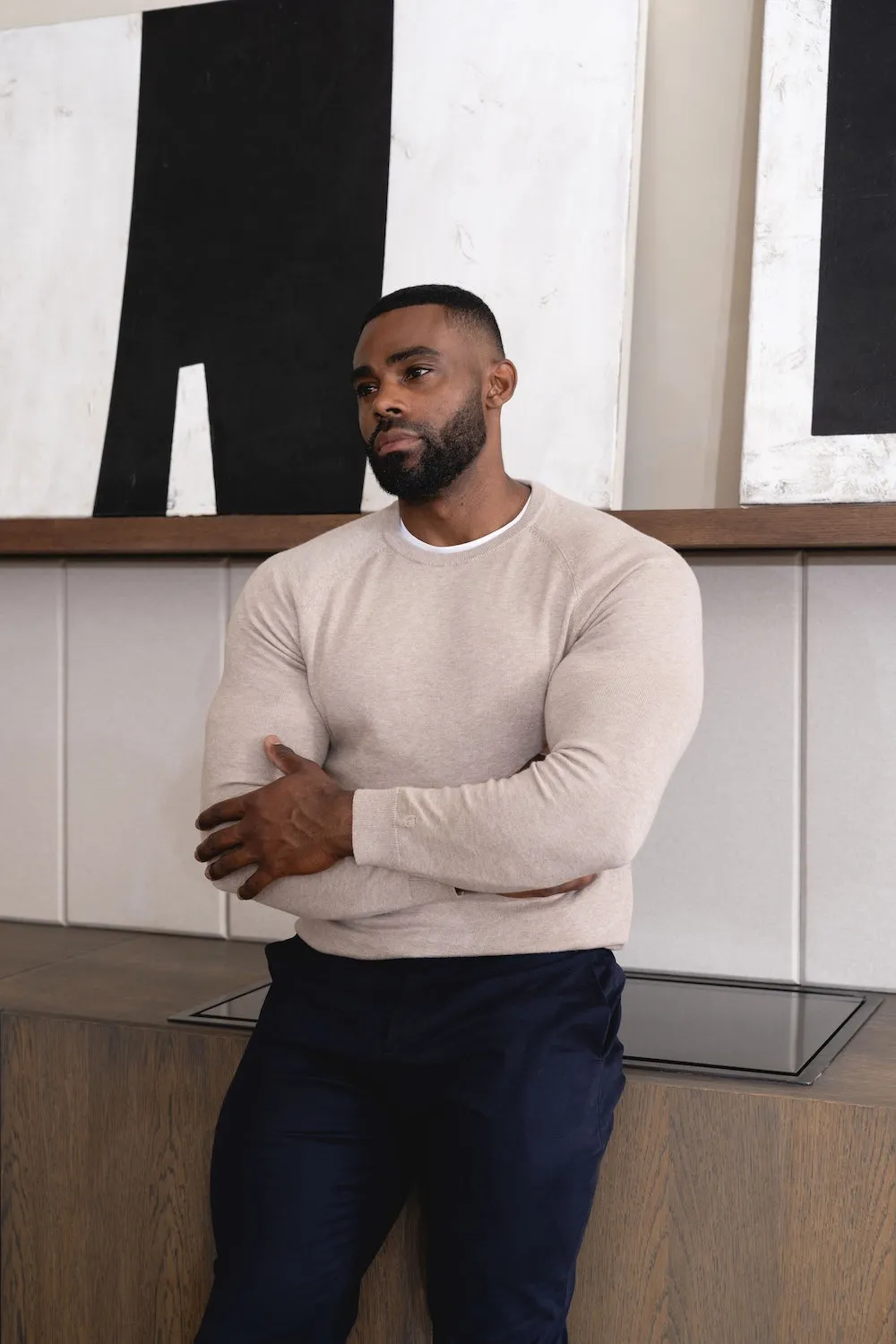 Pure Cotton Knitted Crew Neck Sweater in Neutral Marl Nature Base One-Piece Wear