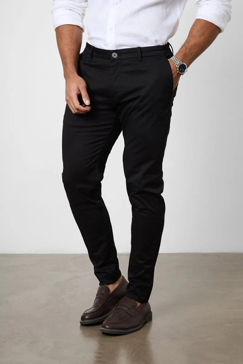Athletic Fit Cotton Stretch Chino Pants in Black Layered Panel Design Durable Comfort