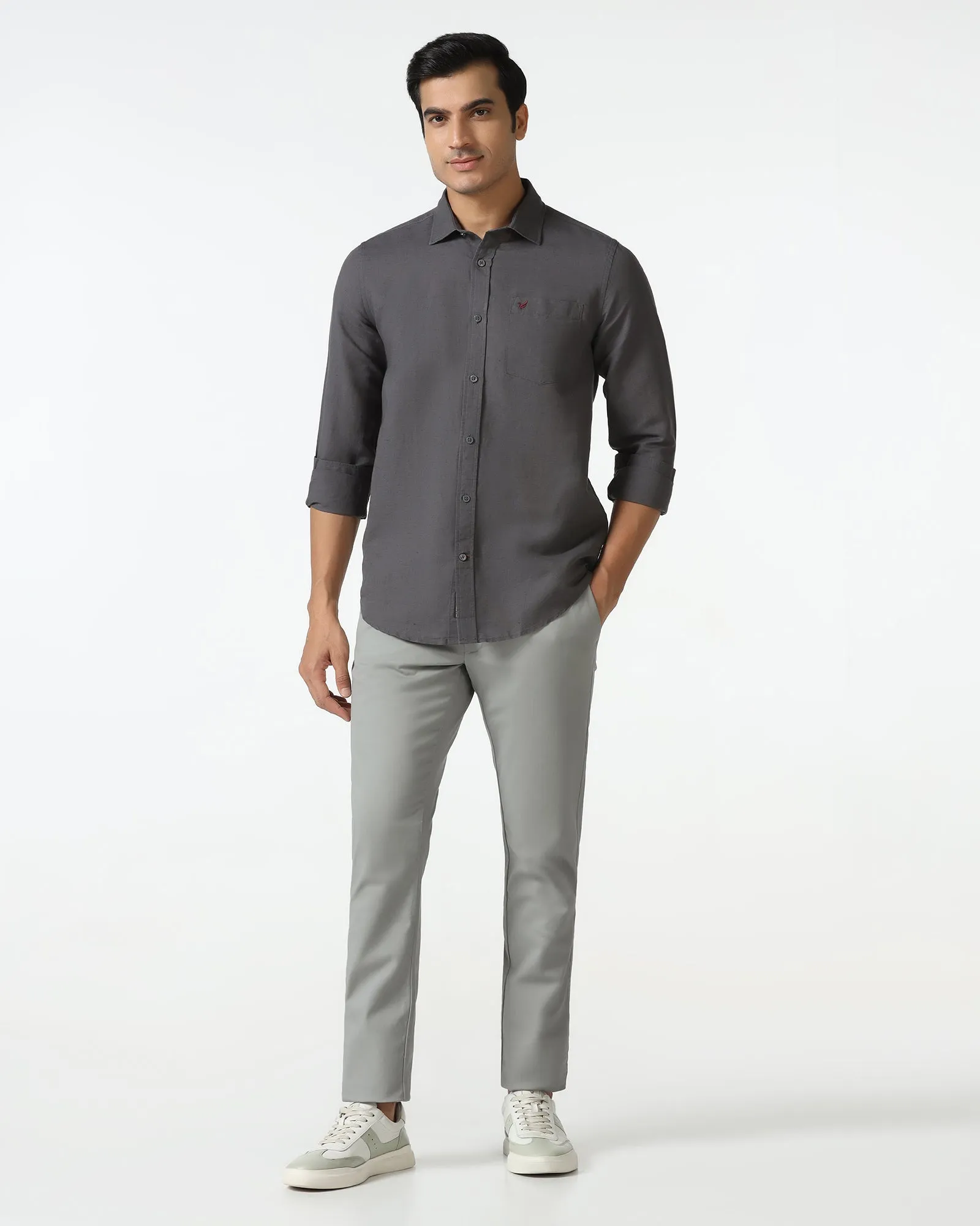 Grey Solid Khakis - Mario Relaxed Comfort Look Flat waistband