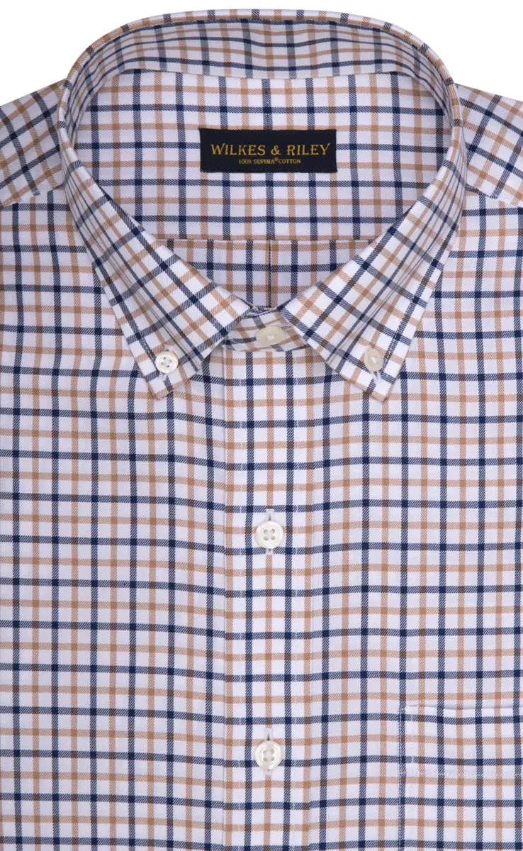 Wilkes and Riley Classic Fit Button Down Dress Shirt in Tan/ Navy Twill Check Tropical theme Street Style