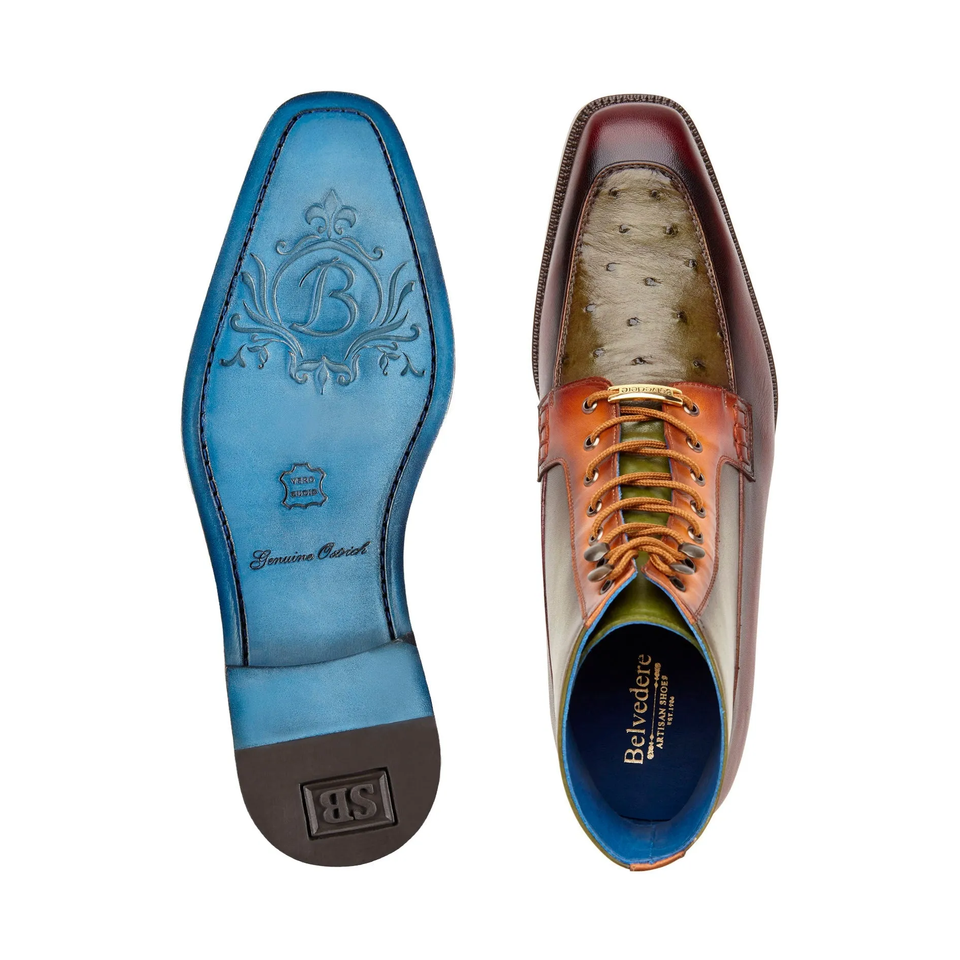 Flexible Rocker Sole Belvedere - Greco, Genuine Ostrich Quill and Italian Leather Boot - Ant. Burgundy/Olive/Brandy - R79 (IN STORE)