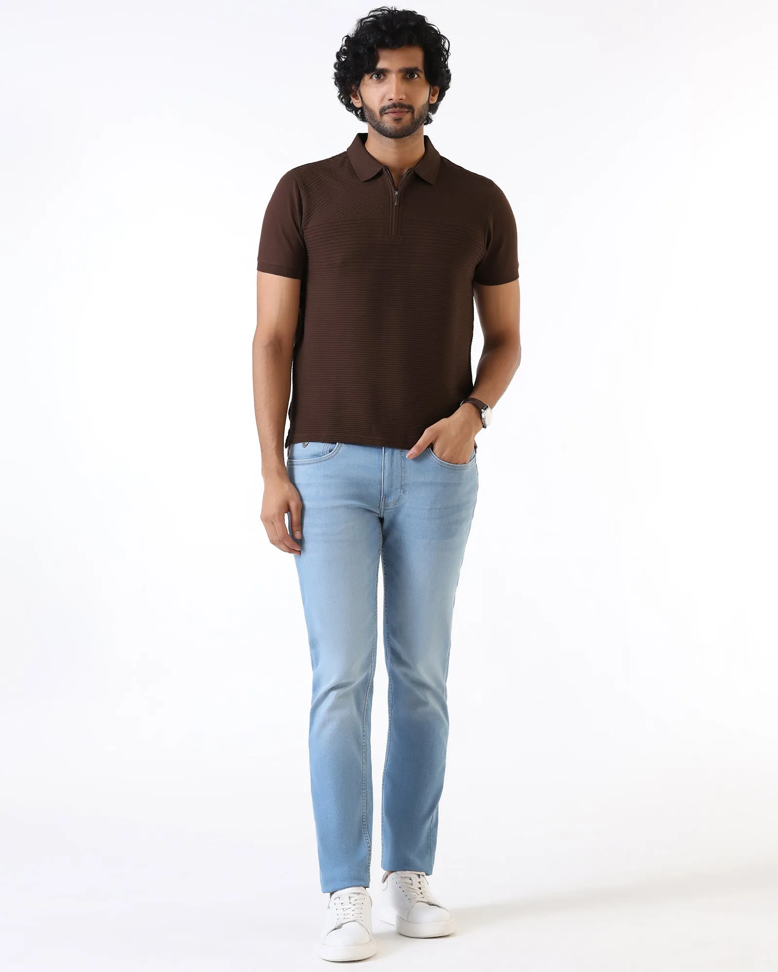 Dark Brown Textured Polo - Bourbon Fashion Top Stretch Comfort