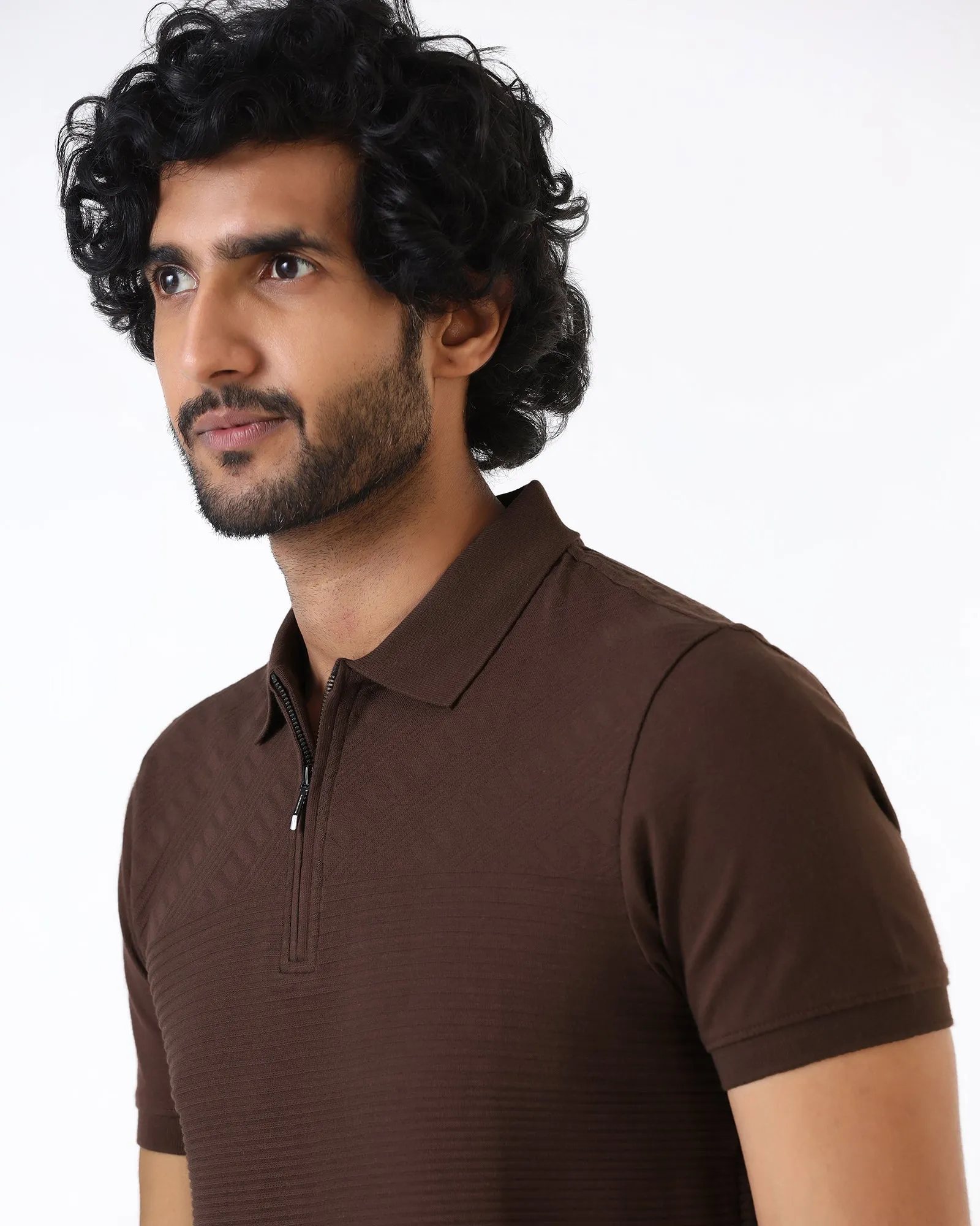 Dark Brown Textured Polo - Bourbon Sporty Comfort