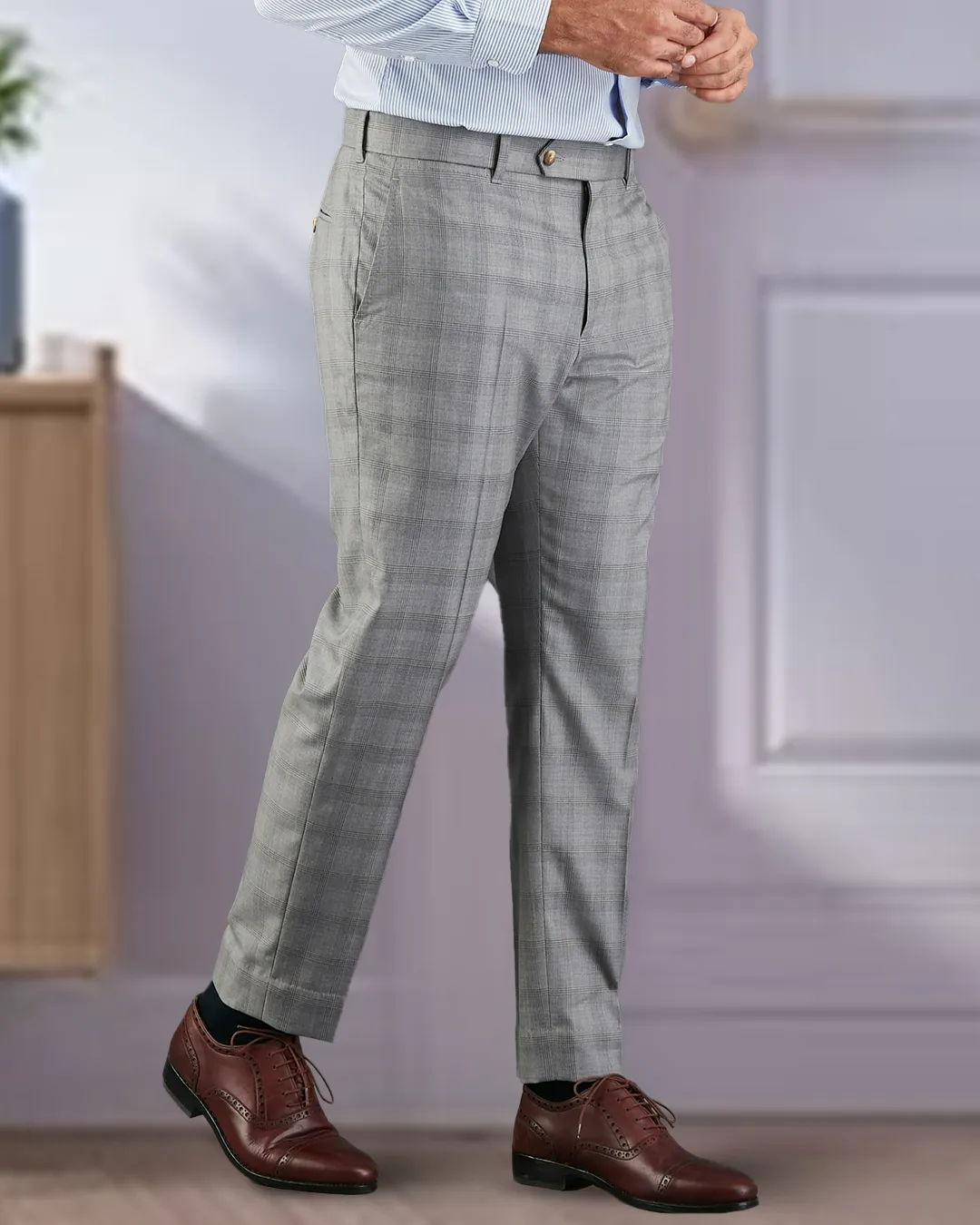 Drago: Super 160s Light Grey Prince of Wales Checks Dress Pant Water-resistant Odor Control Technology