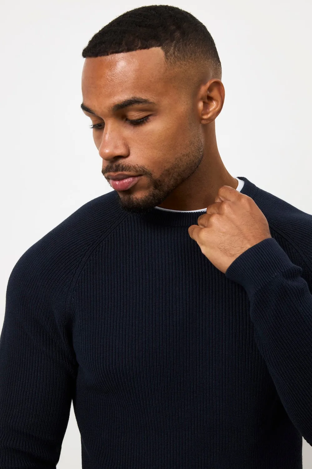 Pure Cotton Knitted Textured Crew Neck Sweater in Navy AntiBacterialTextile