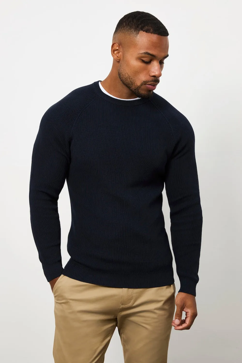 NoSlipGrip OdorControlClothing Pure Cotton Knitted Textured Crew Neck Sweater in Navy