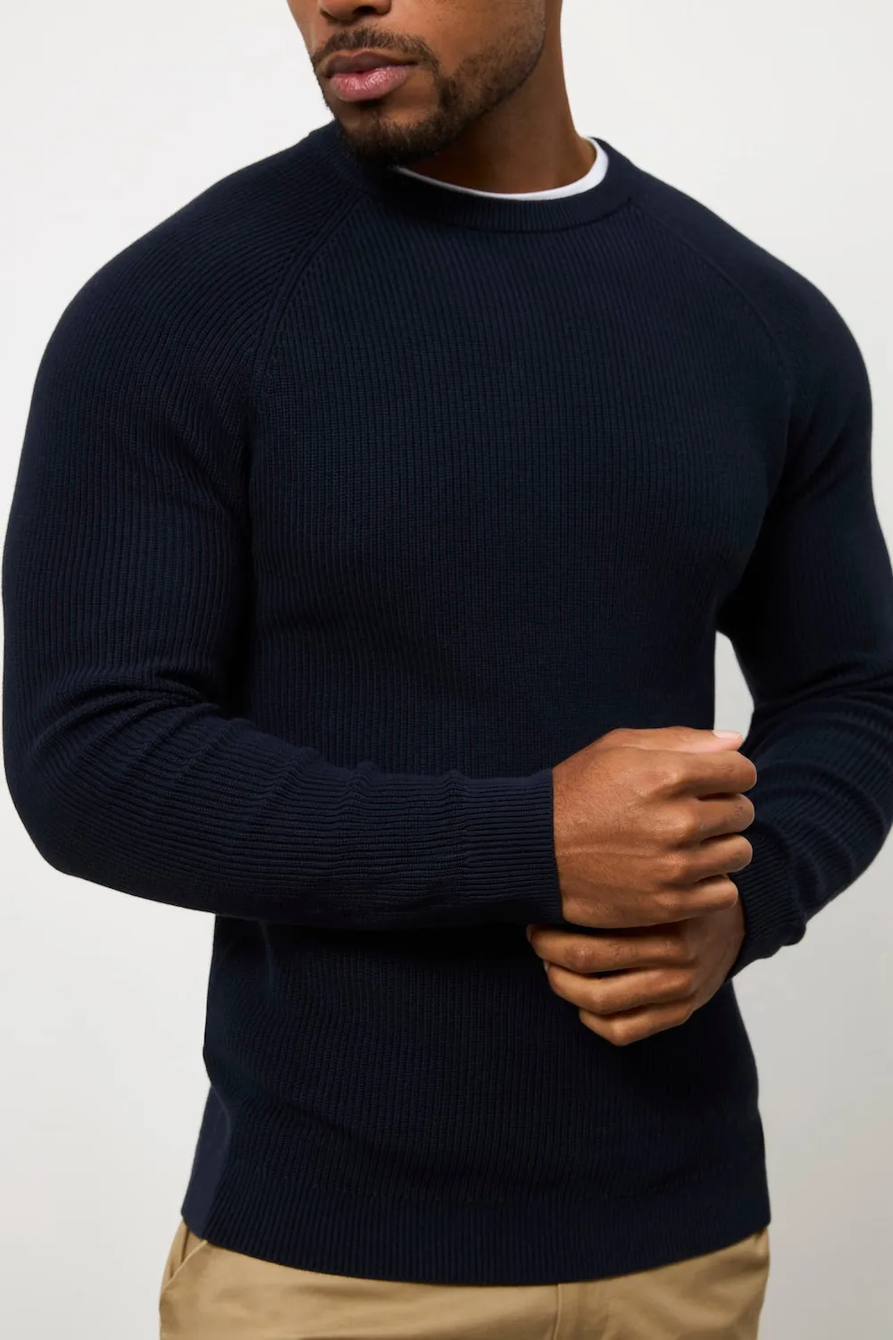 4Way Stretch Pure Cotton Knitted Textured Crew Neck Sweater in Navy
