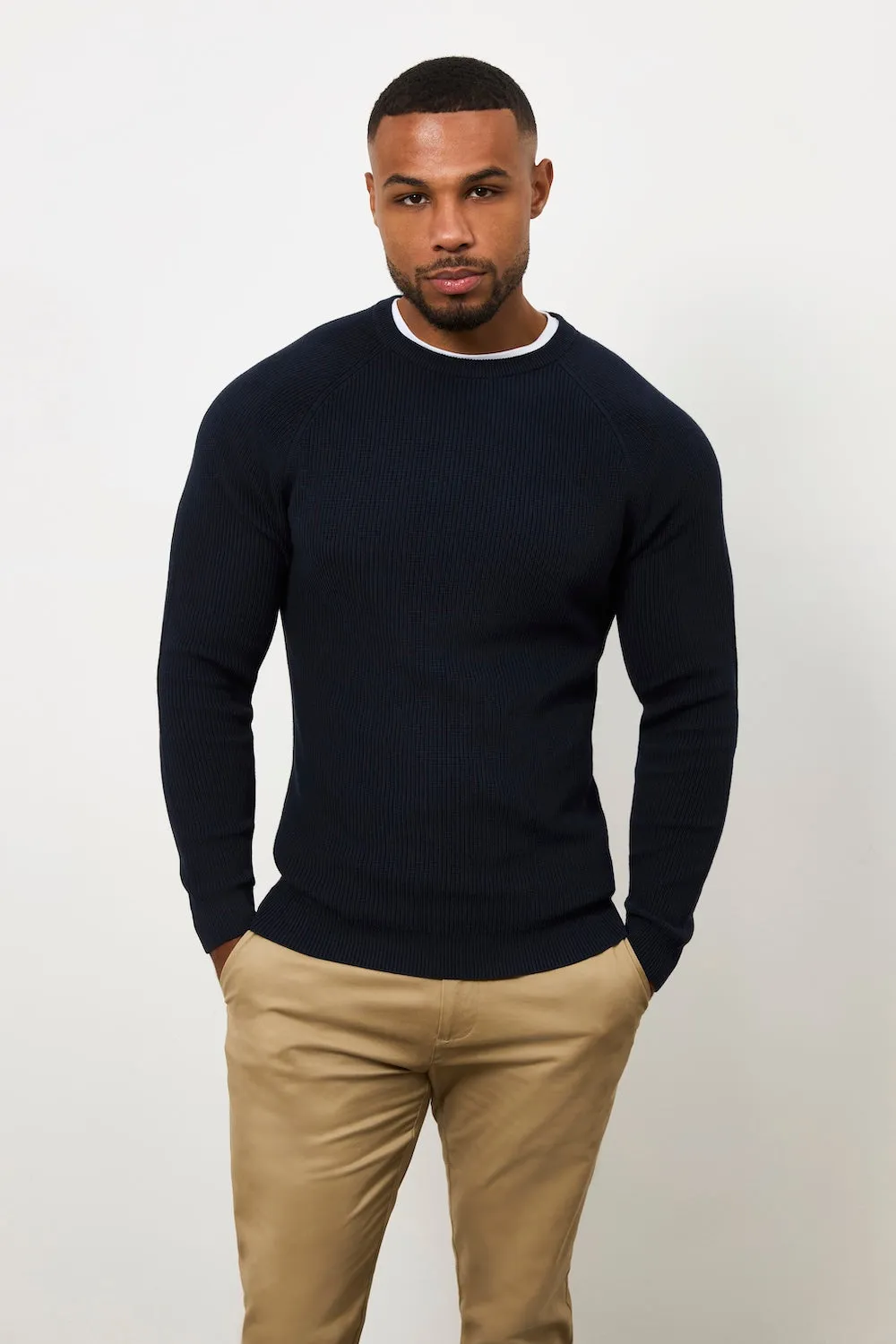 Pure Cotton Knitted Textured Crew Neck Sweater in Navy StretchWaistband Effortless Design
