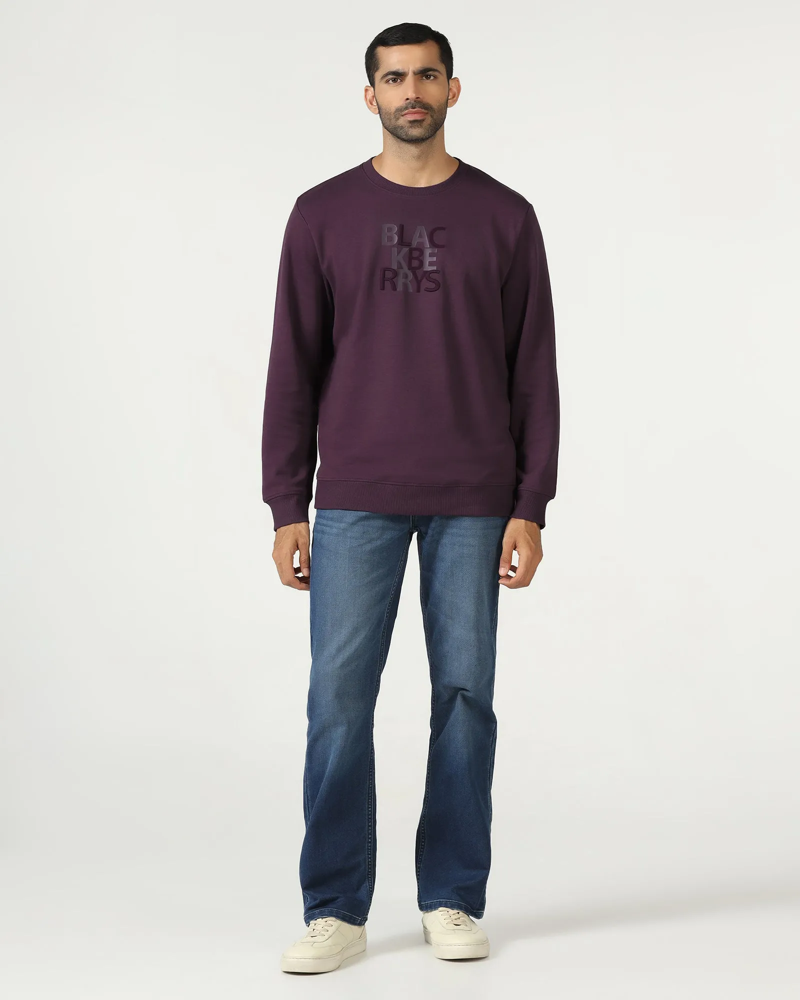 Young Edge DoubleLayered Structure Purple Crew Neck Solid Sweatshirt - Deck