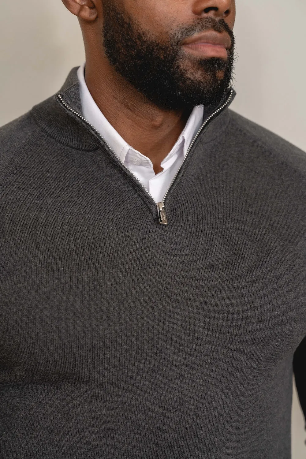 Pure Cotton Knitted Half Zip Neck Sweater in Dark Charcoal Marl Reinforced Edges