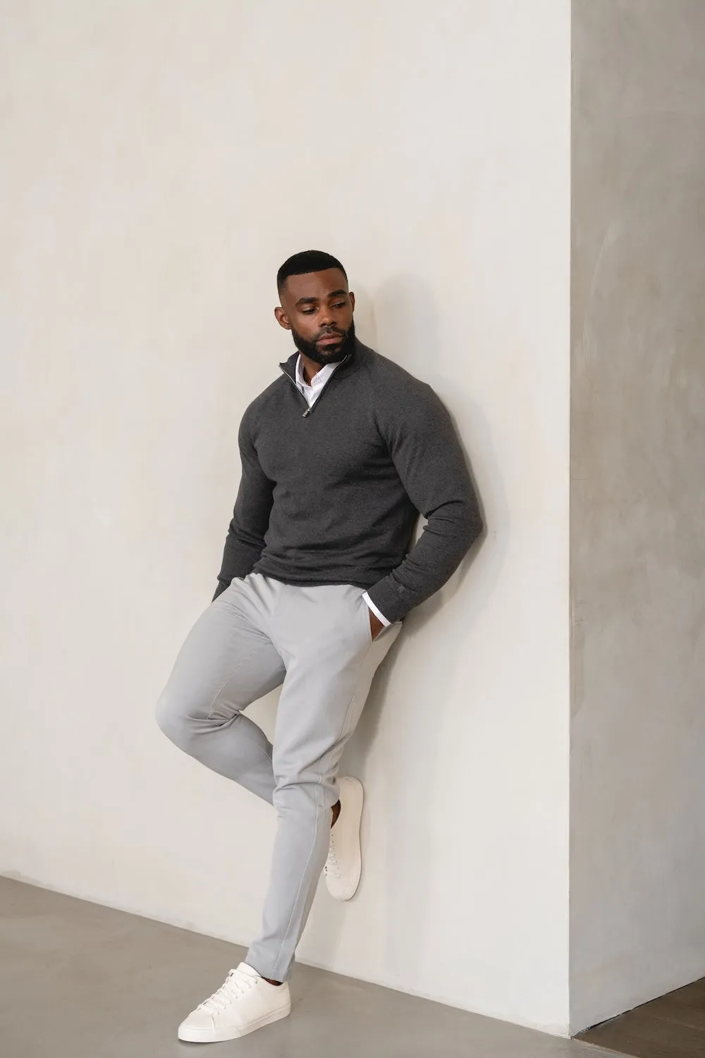 Pure Cotton Knitted Half Zip Neck Sweater in Dark Charcoal Marl Weather Guard Magnetic Closure