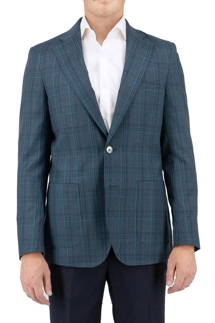 Non Restrictive Mobility Tiglio Luxe Turquoise Green with Windowpane Veneto/THP Slim Fit Half Lined, Pure Wool Jacket TL3300