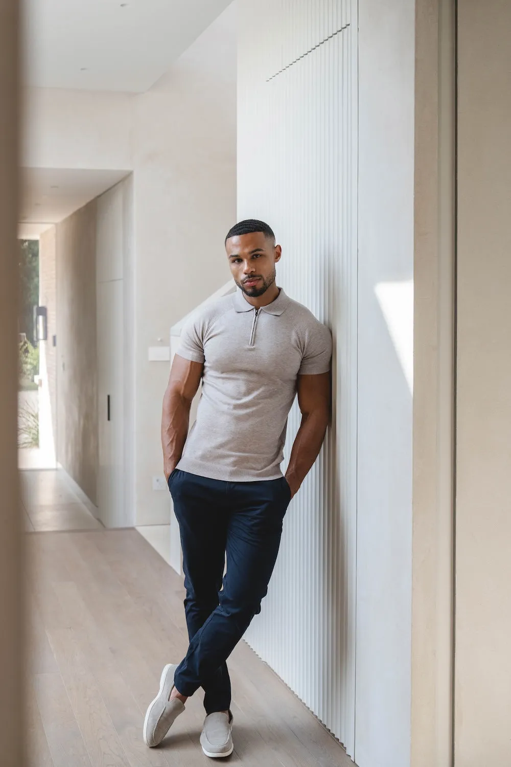 Elegant Fit Smart Style Knitted Half Zip Neck Polo in Oatmeal