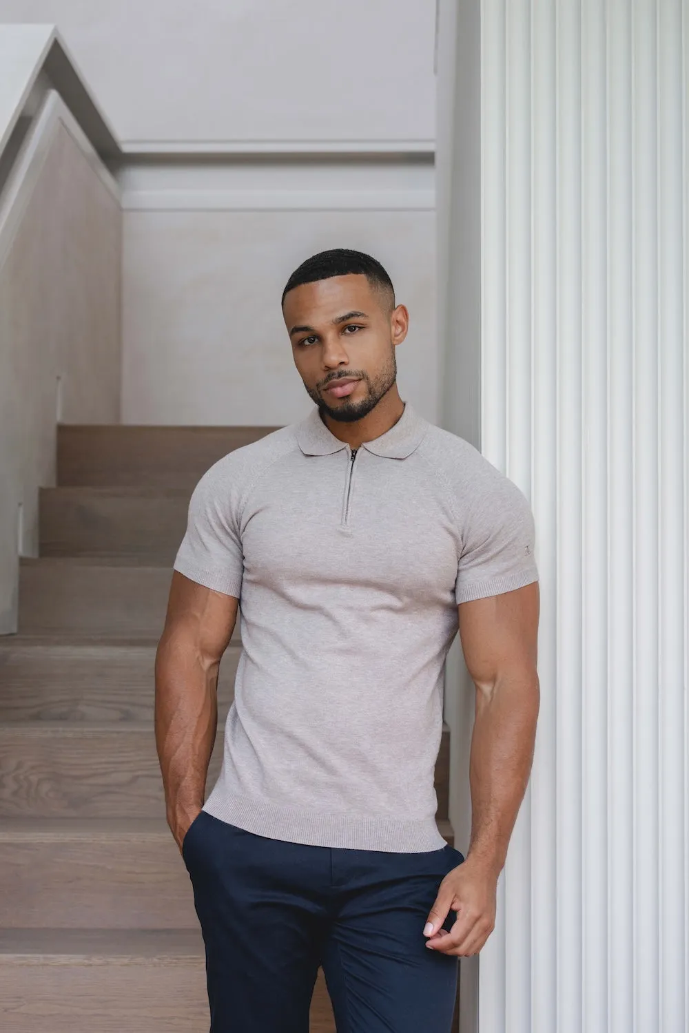 Knitted Half Zip Neck Polo in Oatmeal Sporty Look Relaxed Apparel