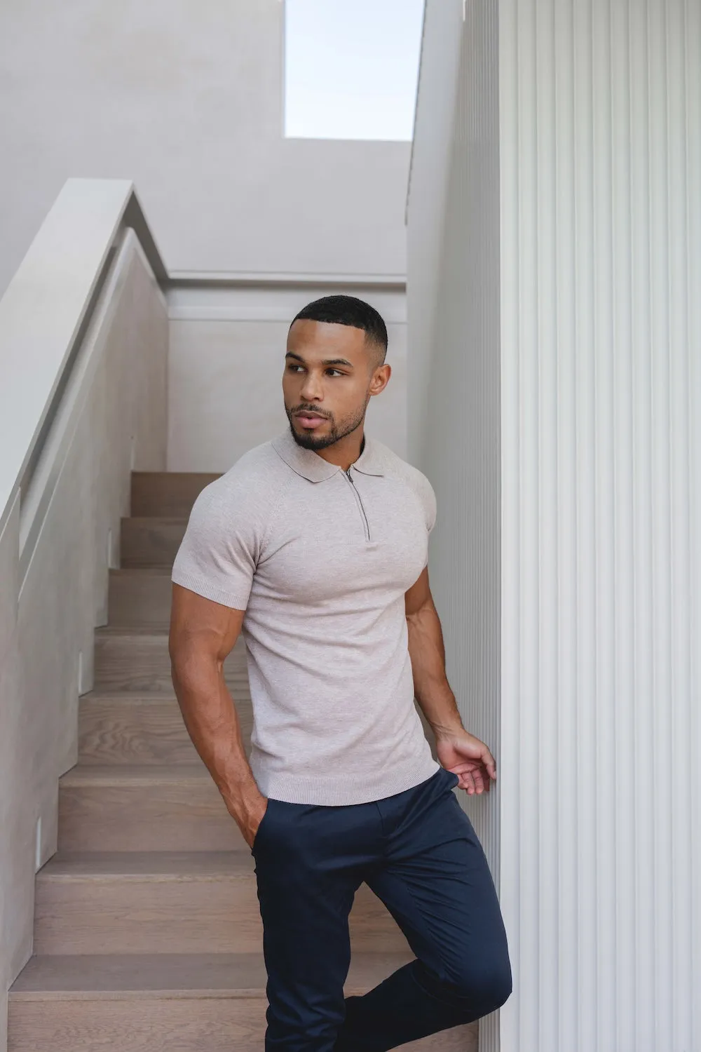 UV Protection Knitted Half Zip Neck Polo in Oatmeal