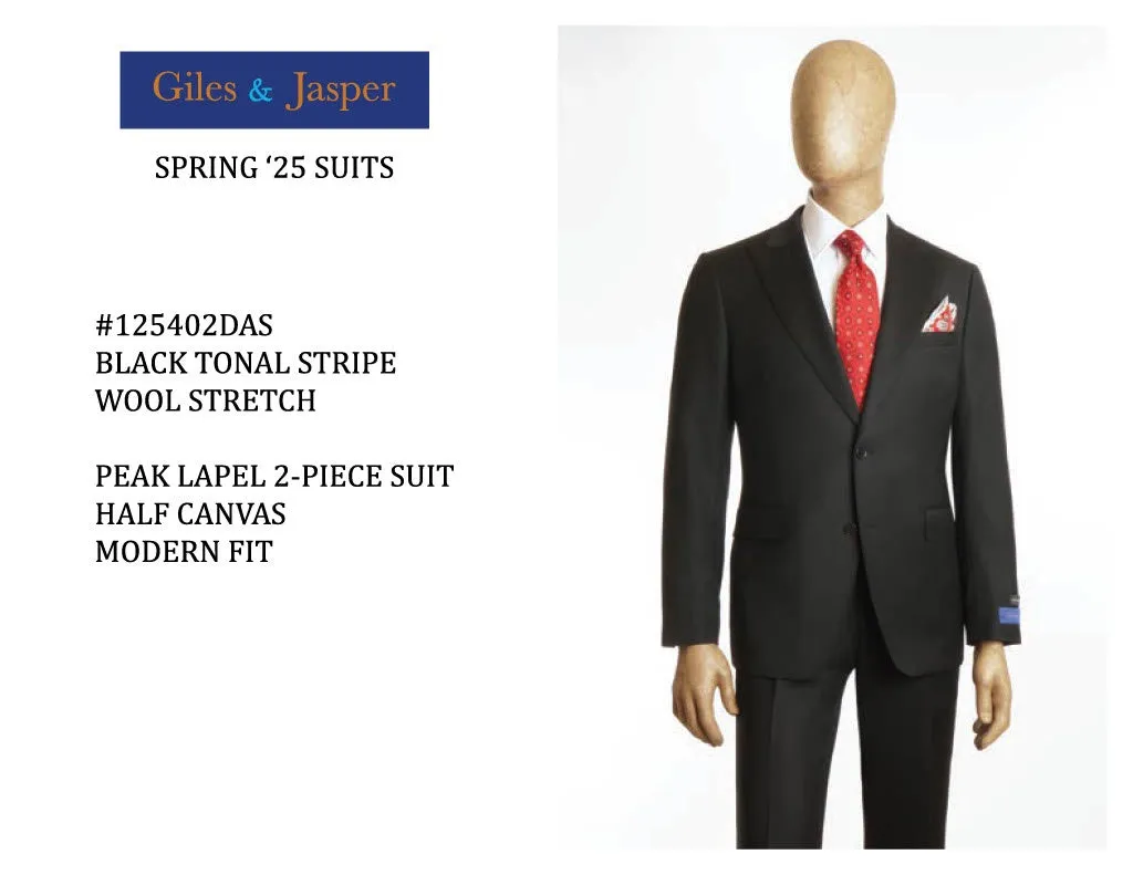 Giles & Jasper Super 100's wool Peak Lapel Suit in Black Tonal Stripe Versatile Layering