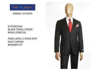 Business Attire Weatherproof Construction Giles & Jasper Super 100's wool Peak Lapel Suit in Black Tonal Stripe