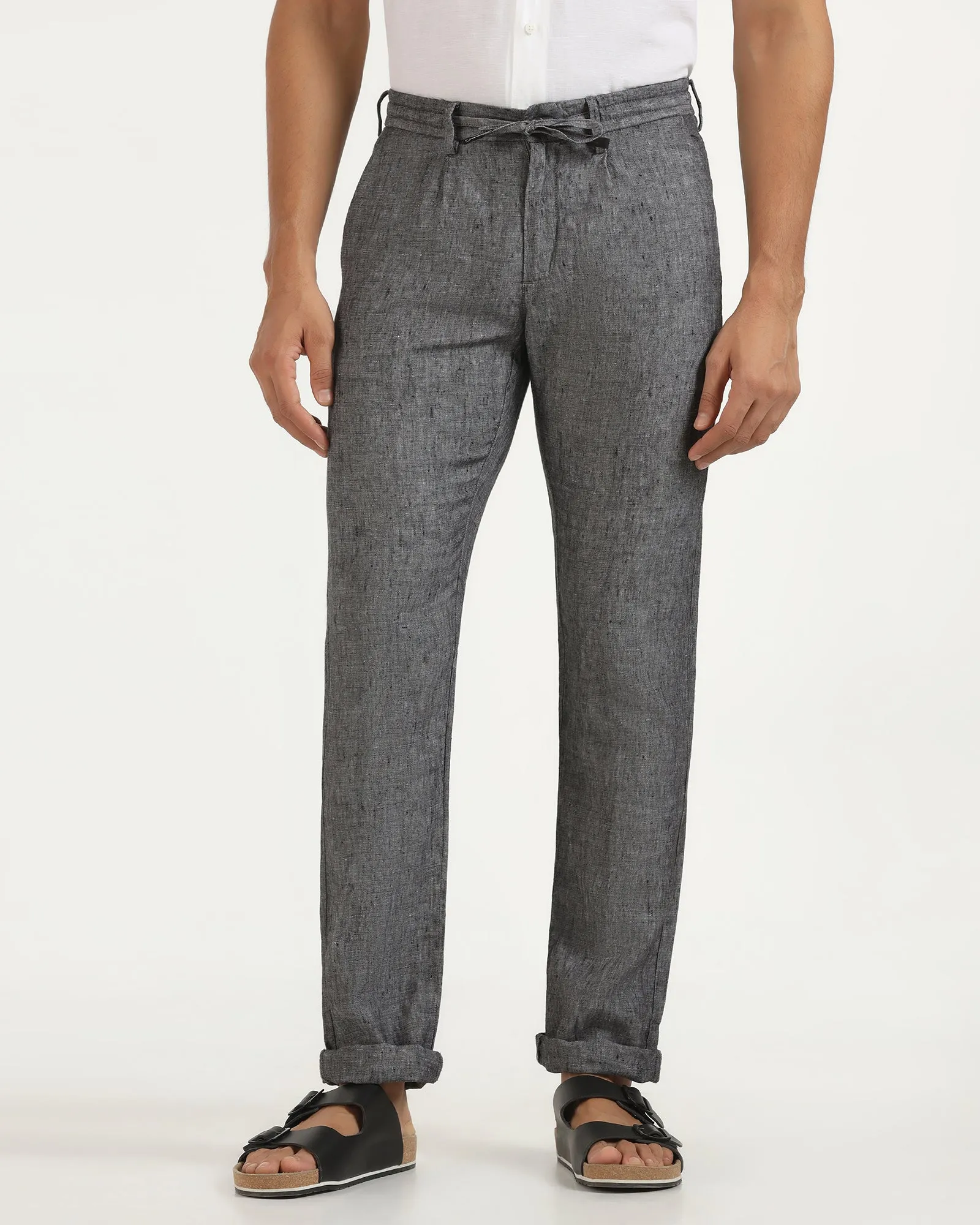 Linen Slim Comfort B-95 Casual Charcoal Solid Khakis - Chales Minimal Cut Recyclable Fabric Blend